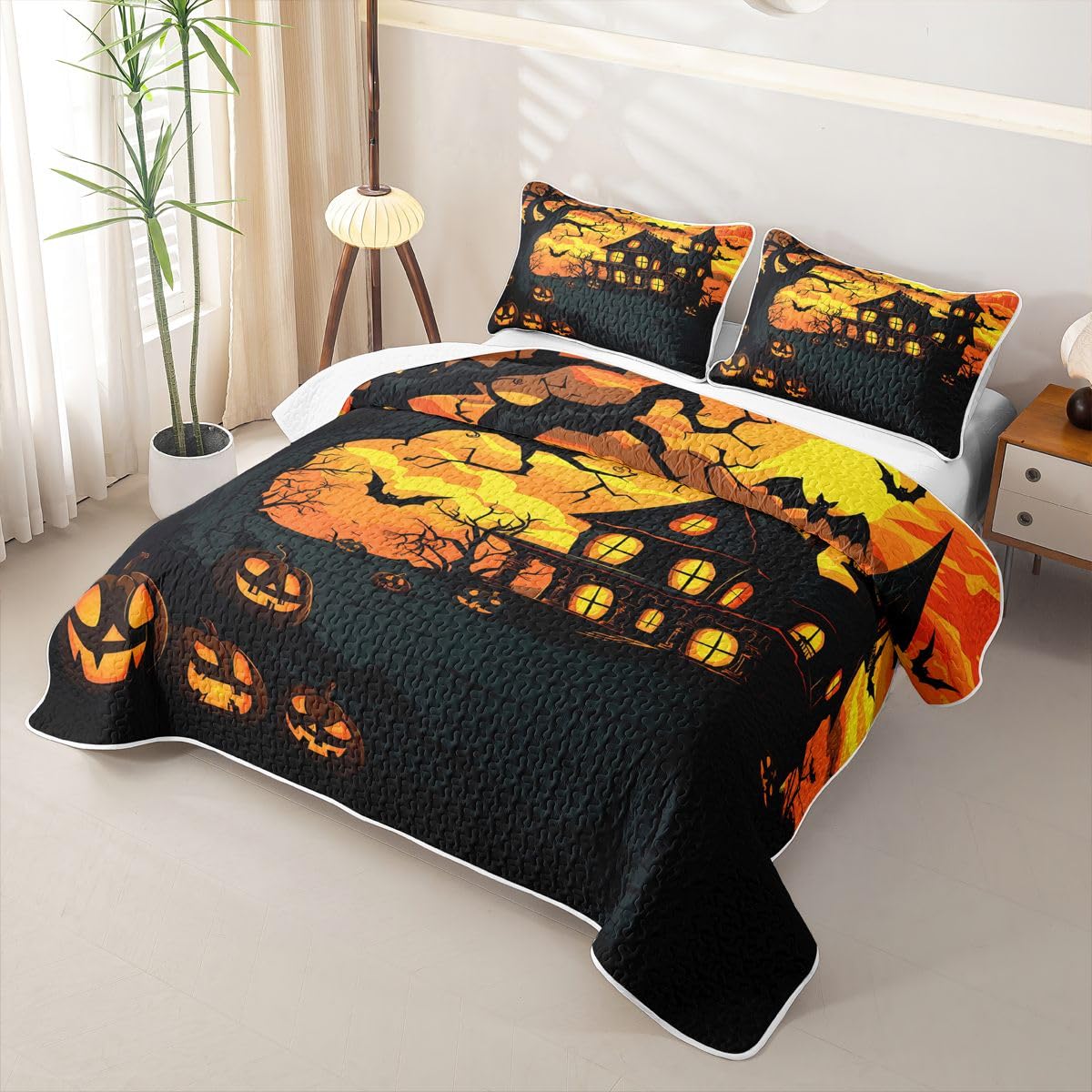 Feelyou Pumpkin Castle Bat Quilt Set 3 Pieces Queen Size Gothic Horror Quilted Bedding for All Season Happy Halloween Kids Boys Girls Bedspread Coverlet Set with 2 Pillowcases