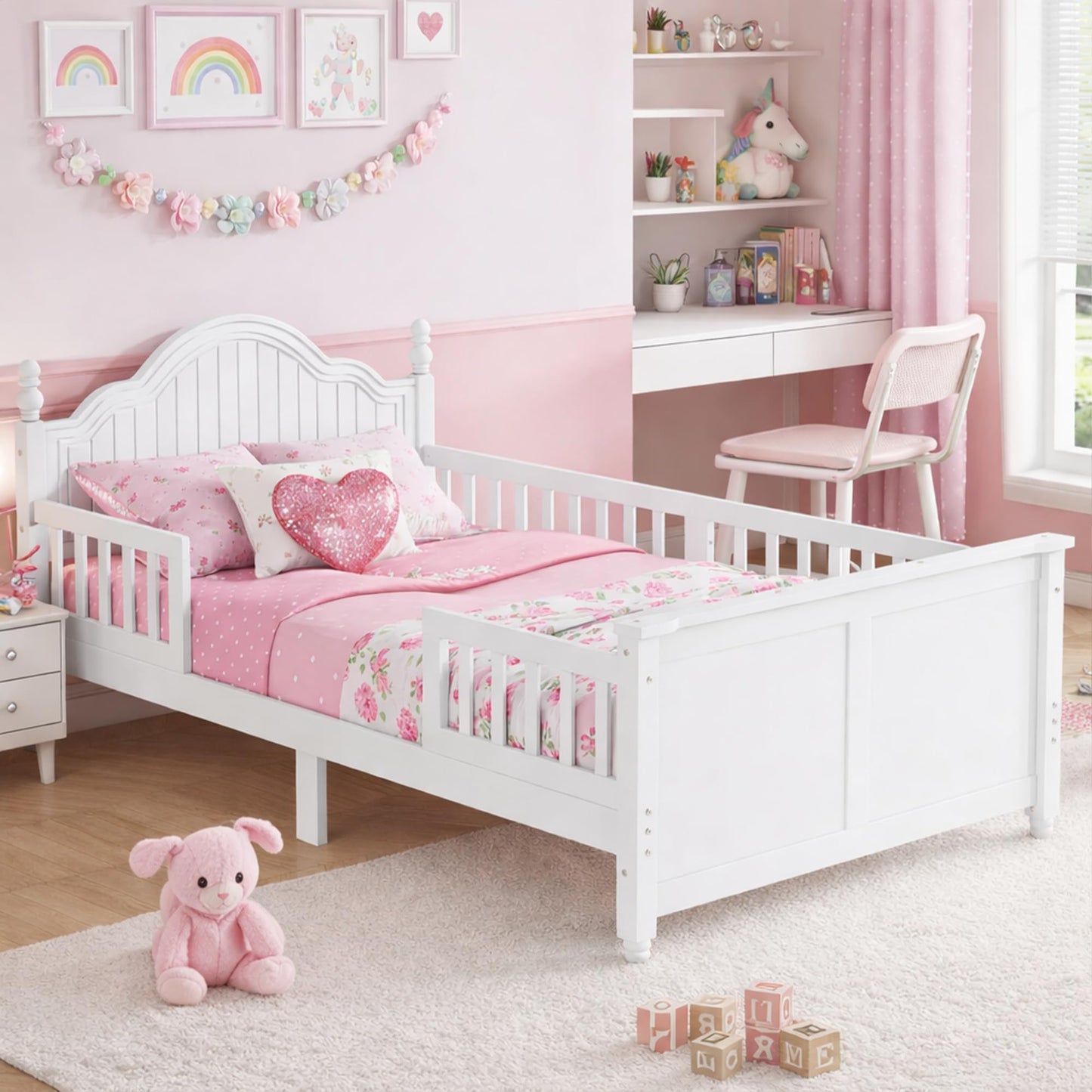 OYUMOENTS Twin Bed with Rails, Low Profile Twin Bed Frame with Rails & Headboard, Wood Kids Platform Beds with Footboard for Boys & Gilrs, No Spring Box Required, No Squeaks, White