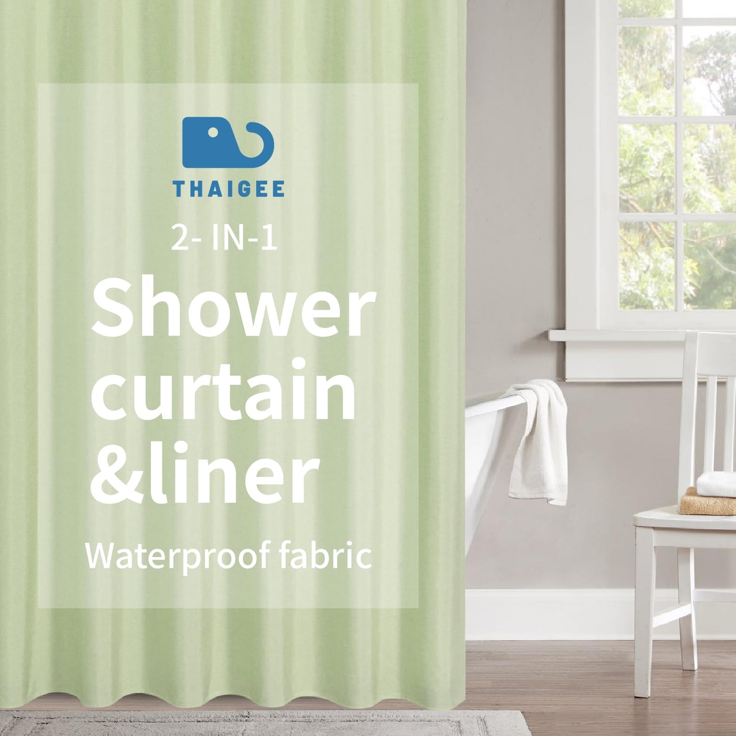 THAIGEE 2-in-1 Waterproof Long Fabric Shower Curtain,No Separate Liner Needed,Linen Textured,78 Inch Effortless Cleaning & Washable Bathroom Shower Curtain Set with 12 Plastic Hooks,72"x78",Green