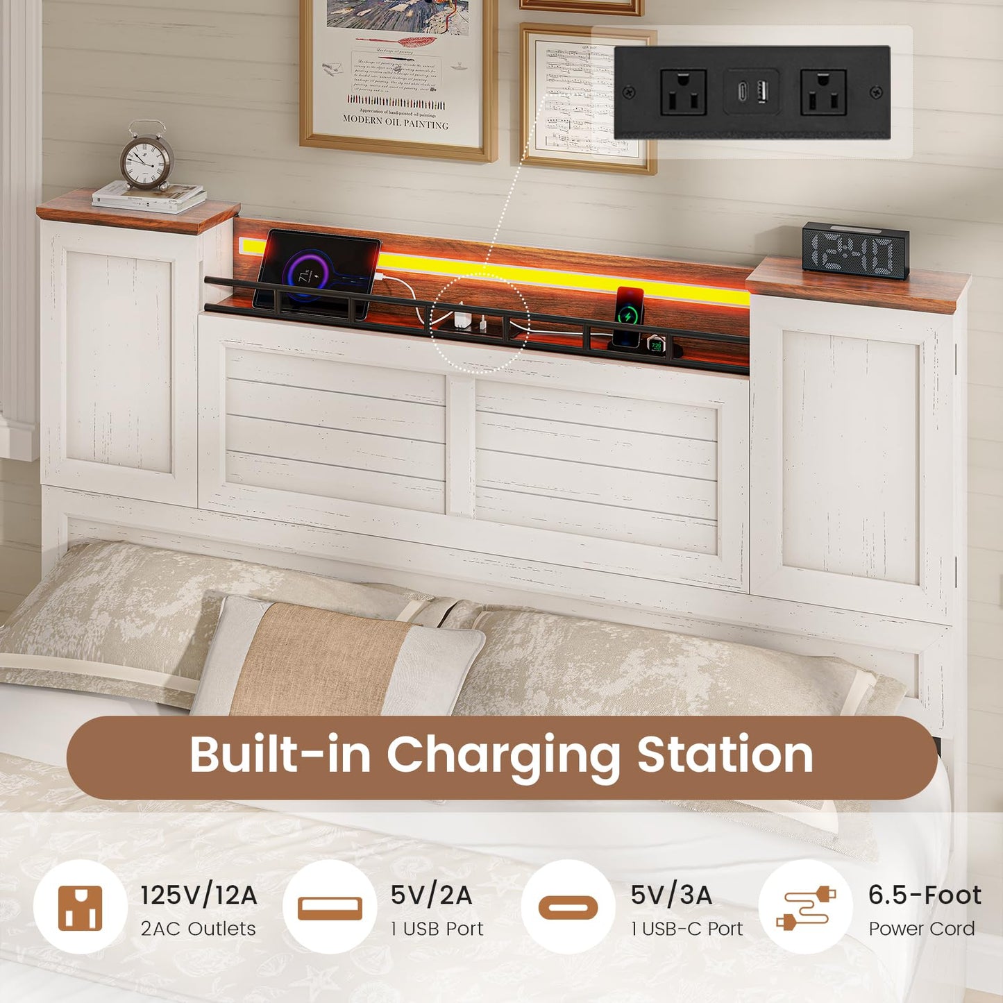 VIAGDO Full Bed Frame with Headboard and Storage Cabinets, Farmhouse Bed Frame Full Size with Charging Station and LED Lights, Wooden Platform Bed Frame with 4 Drawers, No Box Spring Needed, White