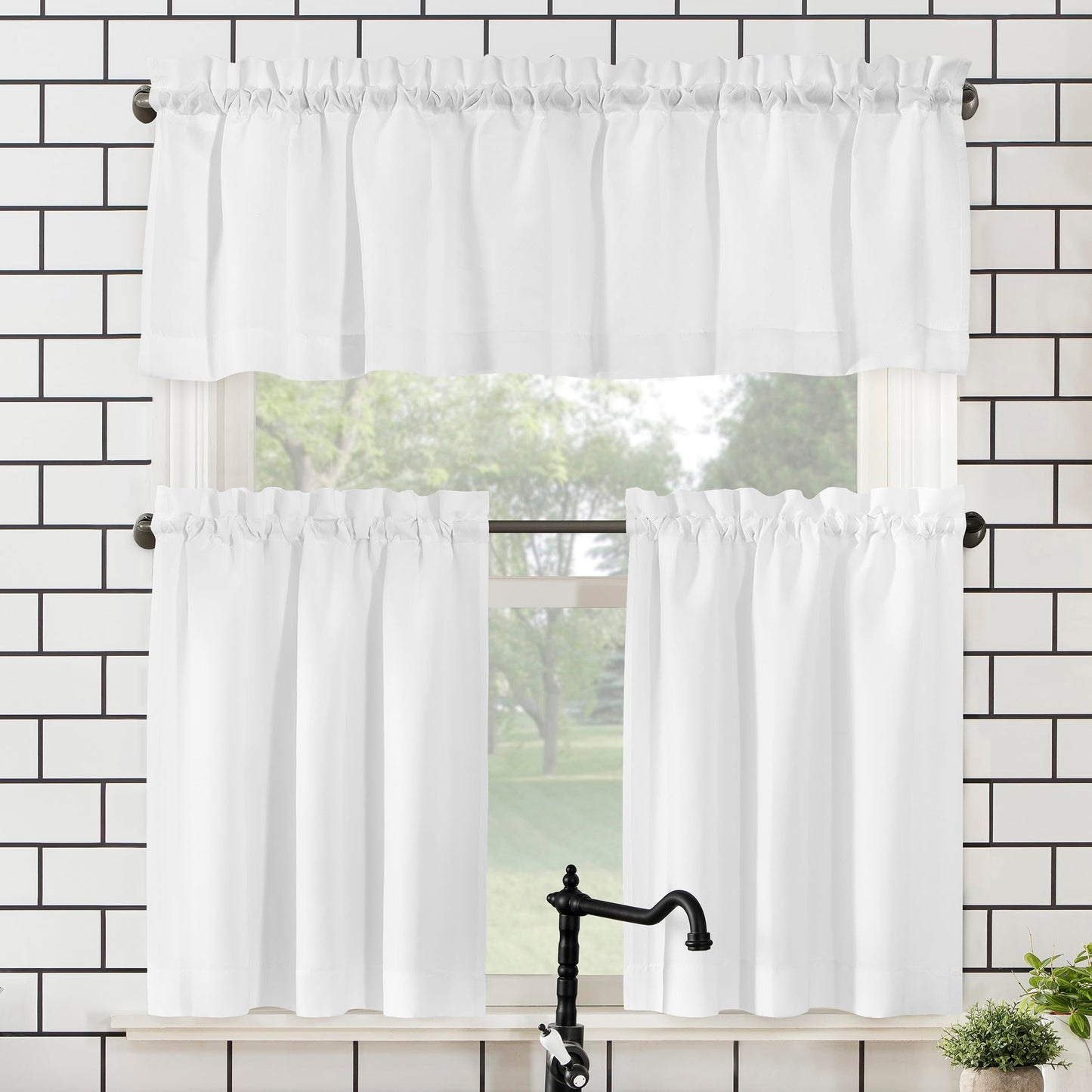 No. 918 Martine Microfiber Semi-Sheer Rod Pocket Kitchen Curtain Valance and Tiers Set, 54" x 45", White