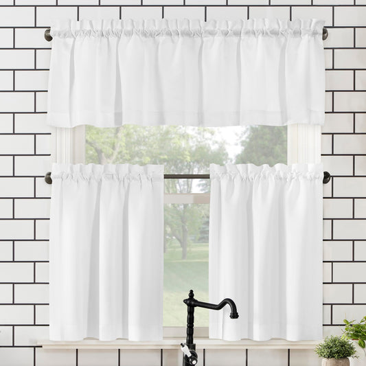 No. 918 Martine Microfiber Semi-Sheer Rod Pocket Kitchen Curtain Valance and Tiers Set, 54" x 45", White