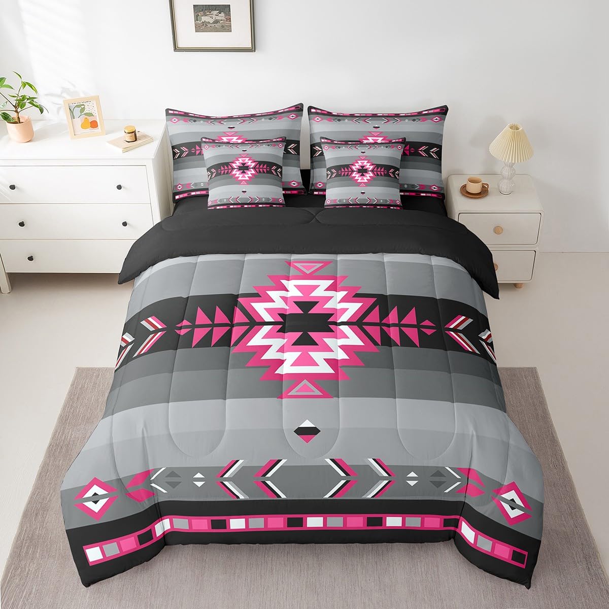 Southwest Native American Bedding Set Queen Southwestern Geometric 7 Piece Bedding Set Decor Tribal Rose Pink Grey Black Bed Set Includes Comforter, Sheet Set, Pillowcases & Pillow Covers Modern Art