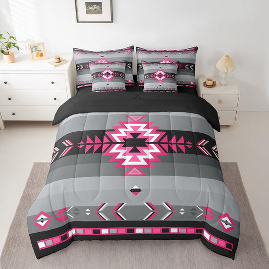 Southwest Native American Bedding Set Queen Southwestern Geometric 7 Piece Bedding Set Decor Tribal Rose Pink Grey Black Bed Set Includes Comforter, Sheet Set, Pillowcases & Pillow Covers Modern Art