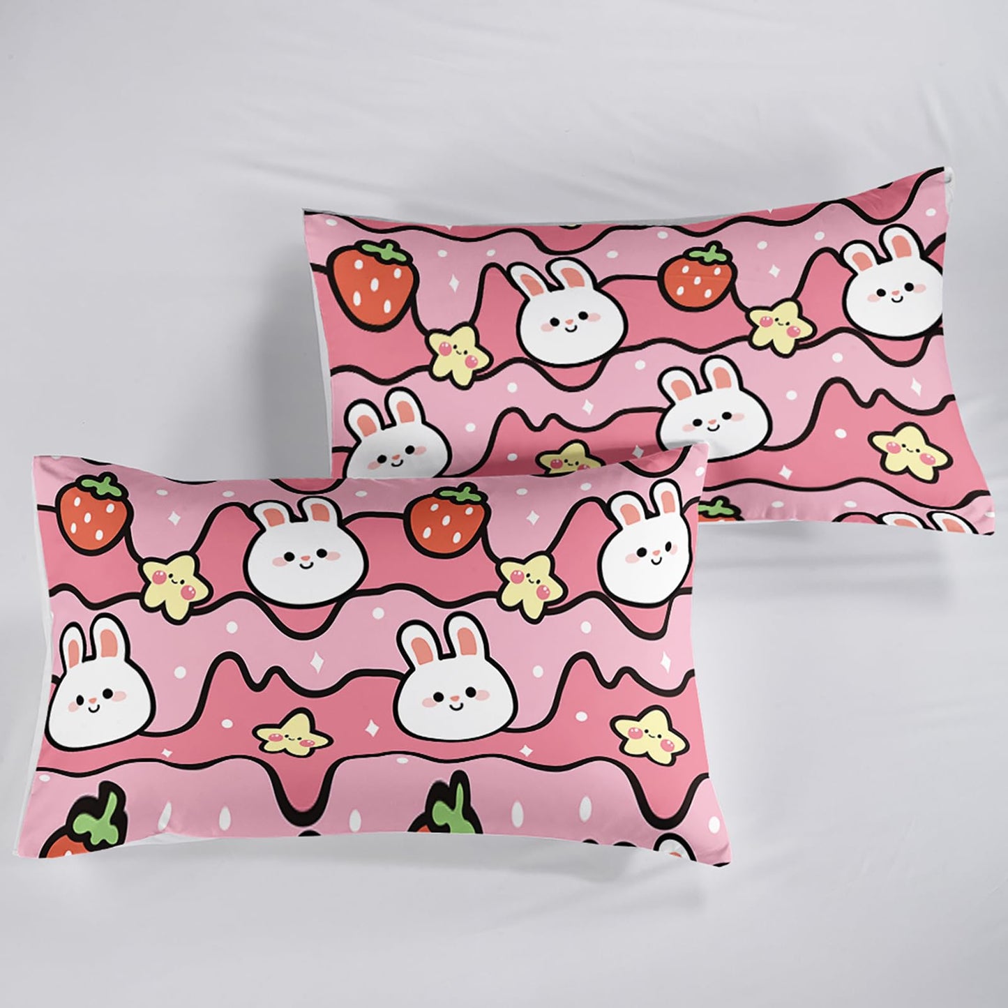 QOOMO Kawaii Rabbit Kids Sheets Twin Size,Kawaii Bunny 16" Deep Pocket Bed Sheet Set,Pink Strawberry Printed Bedroom Decor Sheet Set Soft and Breathable for Girls/Kids/Teens(Twin,Pink)