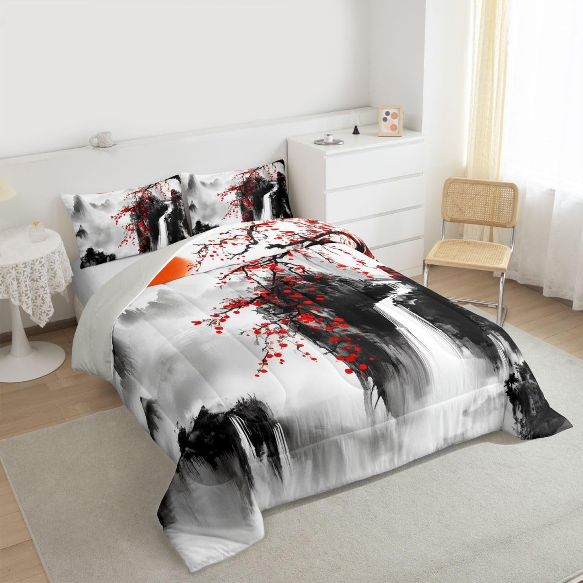 jejeloiu Chinese Ink Painting Kids Comforter Set Queen Size Cherry Blossom Bedding Set Red Sun Mountain Duvet Quilt for Kids Boys Girls Bedroom Japanese Style Decor Microfiber Ultra Soft Breathable