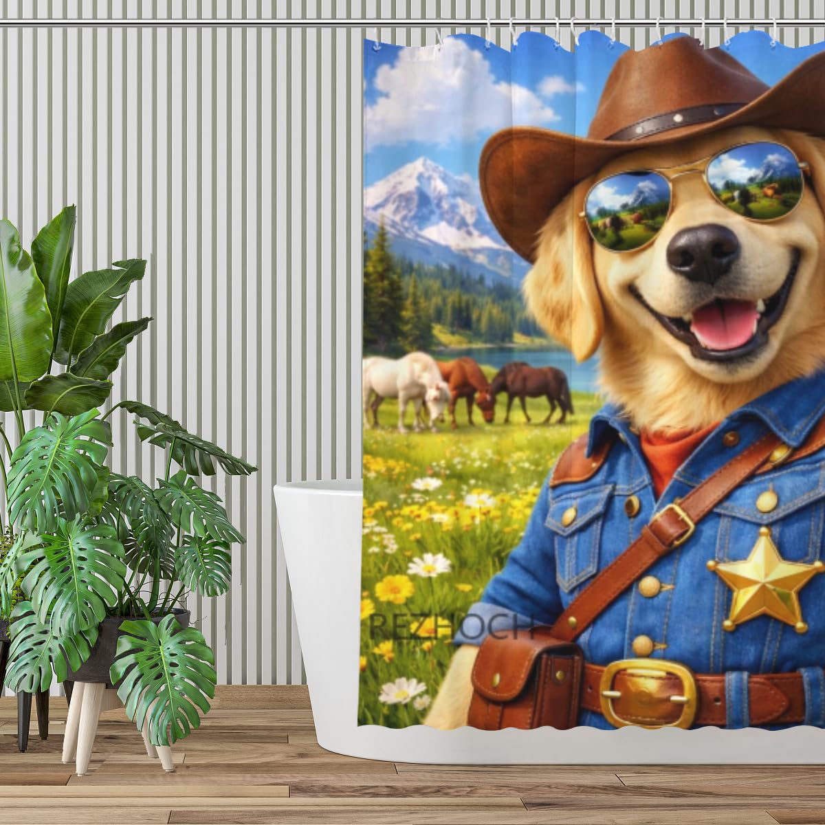 REZHOCH Western Dog Shower Curtain 72x72Inch,Funny Cowboy Golden Retriever Sunglasses Rustic Mountain Lake,Farm Country Animals Meadow,Waterproof Fabric Home Farmhouse Bathroom Decor