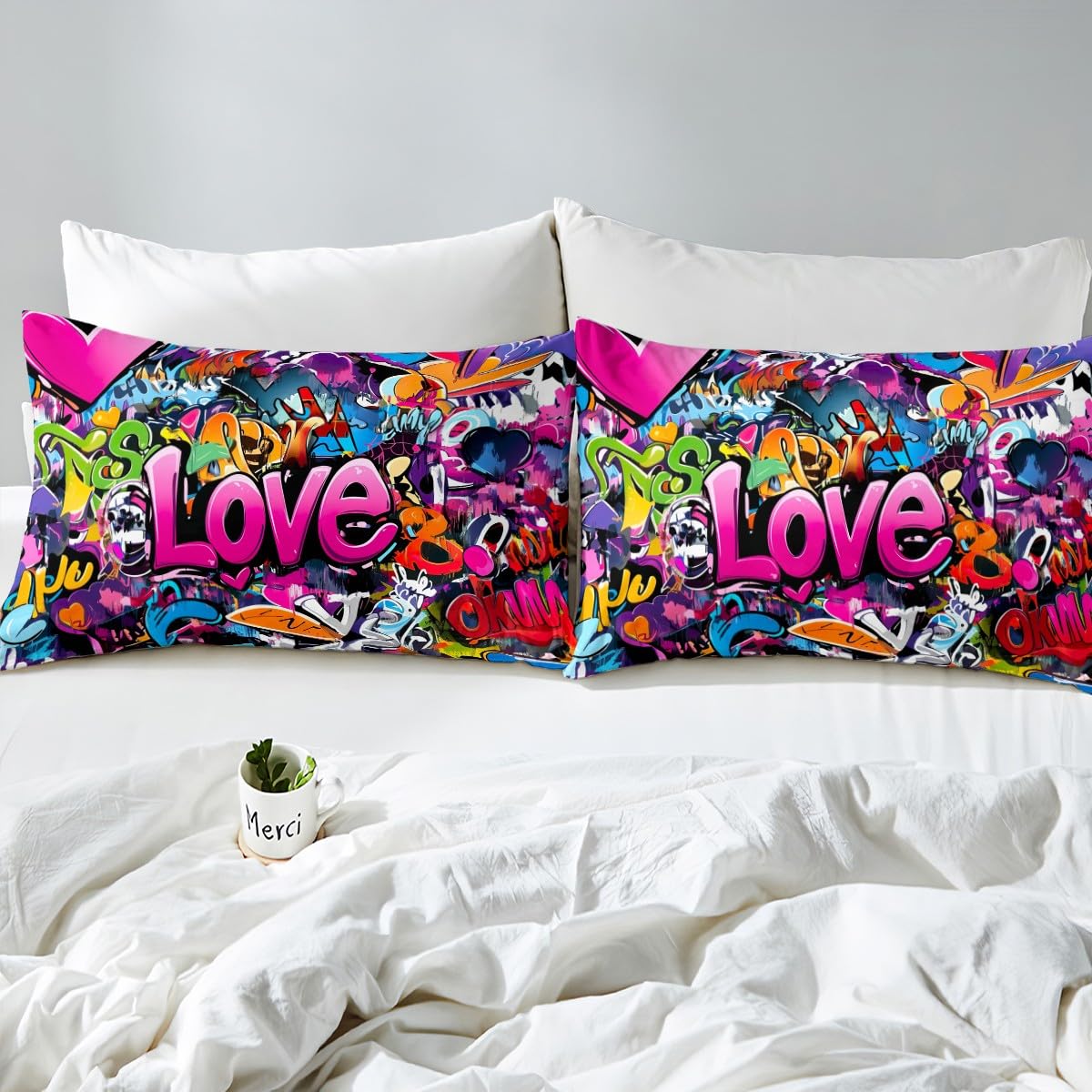 Feelyou Hippie Graffiti Duvet Cover Hip Hop Sports Bedding Set for Kids Boys Teens Rock Music Comforter Cover Set Trippy Abstract Art Quilt Cover with 2 Pillowcases King Size