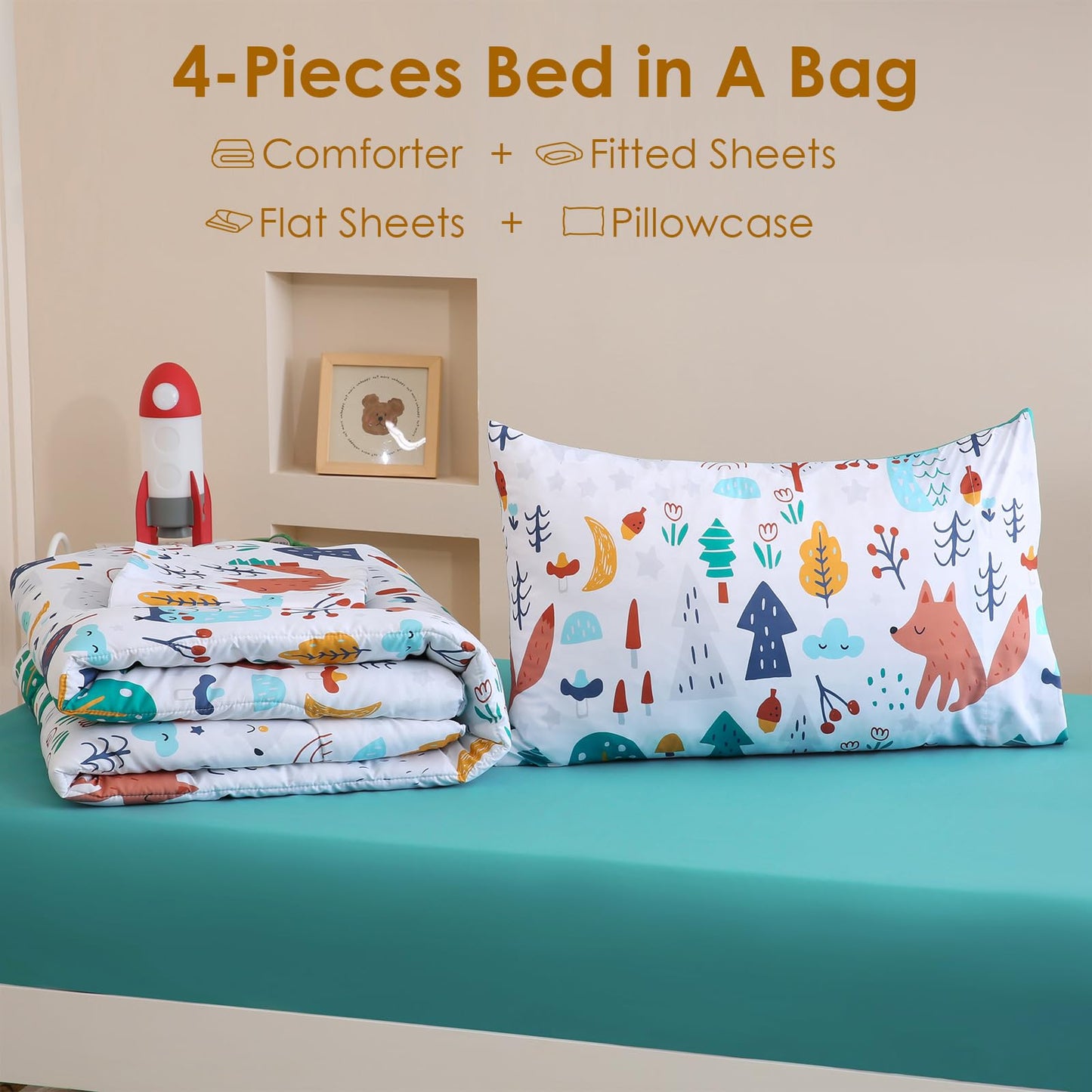 Homilay Toddler Size Cute Fox Comforter Set for Kids, Toddler, Boys&Girls, 4 Pieces Bed-in-a-Bag Bedding Set, All Season Ultra Soft Oeko TEX Sheets Set with Comforter, (Forest)