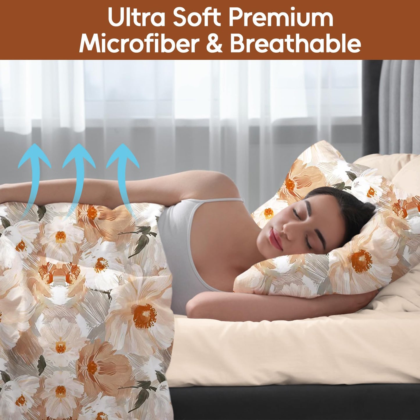 LONAVA Flower King Size 6 Pcs Sheet Set, Breathable Microfiber Deep Pocket Biege Fitted Sheets, Comfy & Breathable Patterned Flat Sheets,4 Gentle Soft Pillowcases, Golden Flower