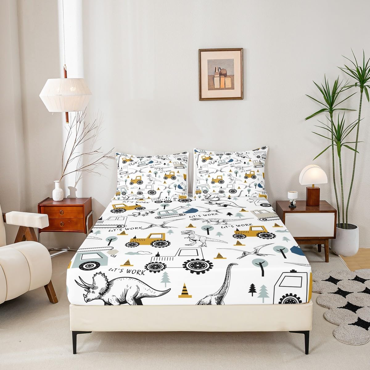 Construction Sheet Set Full Size Kids Cartoon Car Excavator Tractor Toddler Sheets with Deep Pocket Fitted Sheet Equipment Trucks Dinosaur Bed Sheets Set Construction Vehicles White Yellow Bedding Set