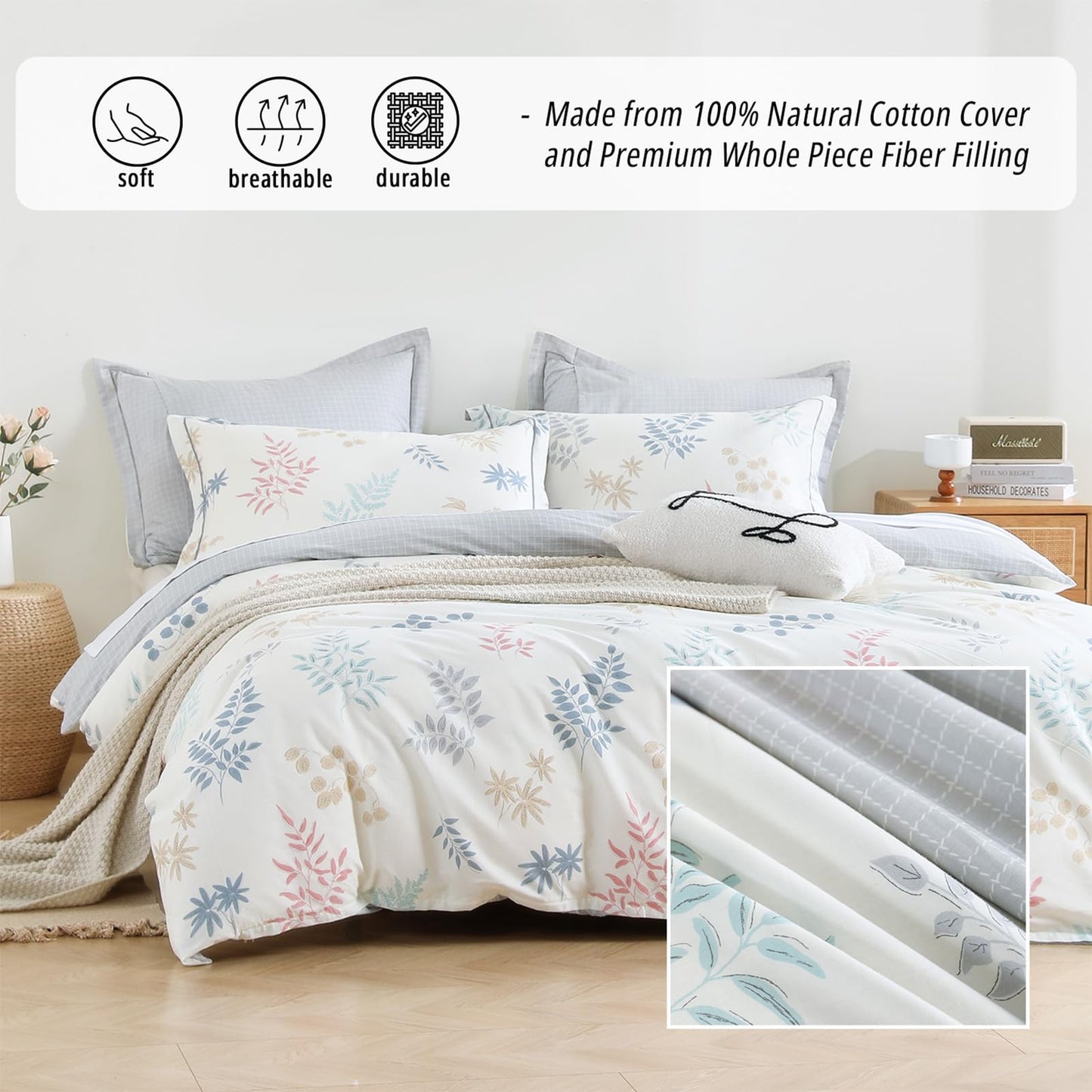 LEMIROE Farmhouse Cotton Comforter King Size 3Pcs -Charming Pastel Leaf Print on Cream Base, Gray Grid Back, Reversible Lightweight Bedding Sets with Soft Fill(King, 104"×90")