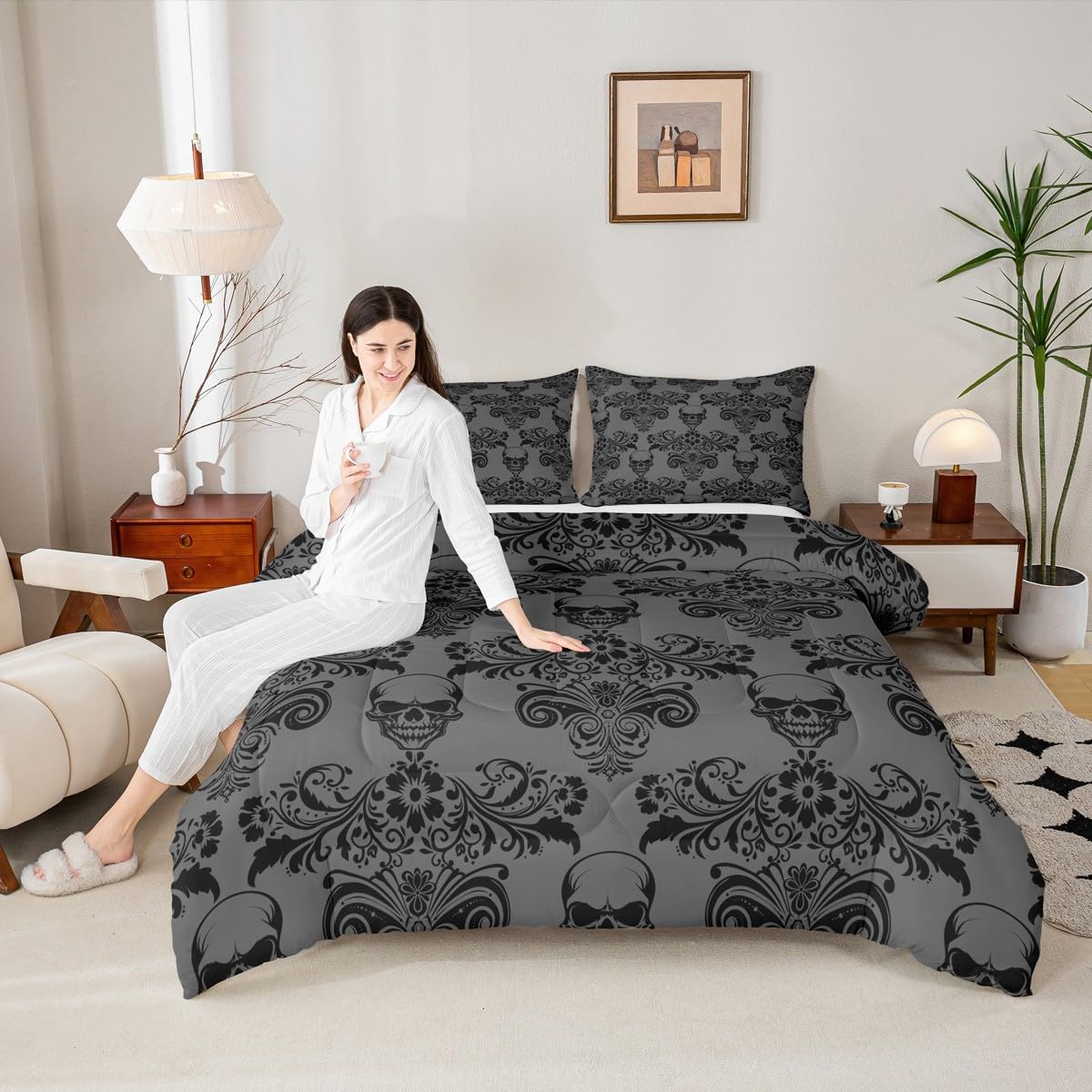 jejeloiu Queen Size Damask Print Bedding Set for Kids Boys Girls Gothic Sugar Skull Comforter Set Deep Grey Duvet Quilt Bedroom Decor Soft Lightweight Microfiber 3Pcs