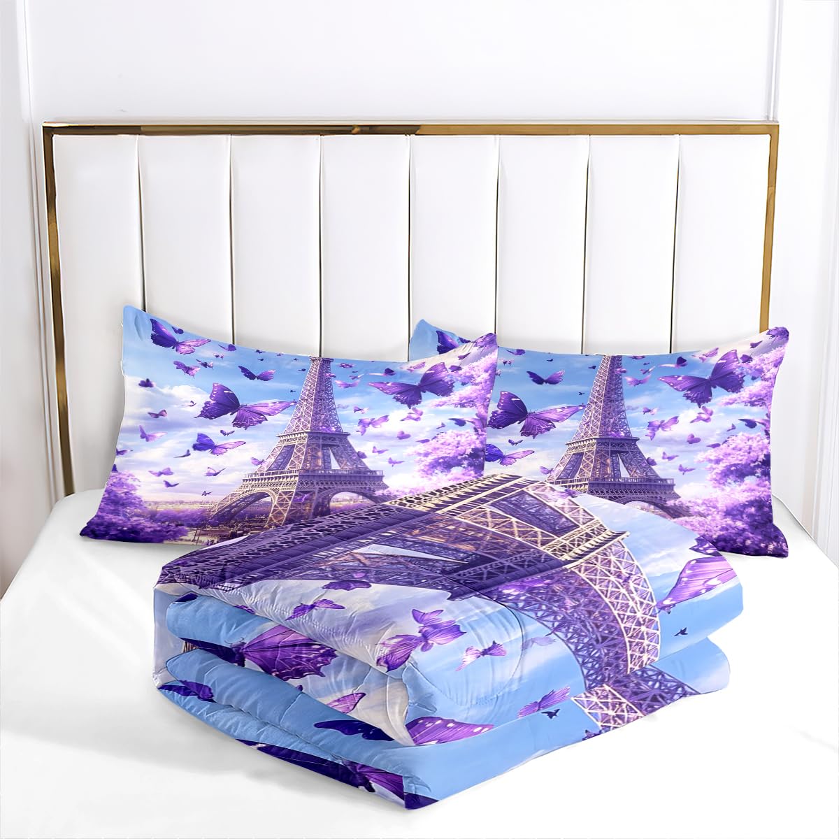 CCoutueChen Kids Twin Paris Bedding Set, Purple Butterfly Floral Comforter Set for Girls, Romantic Warm Microfiber Comforter with 1 Pillowcase, 68"x86"