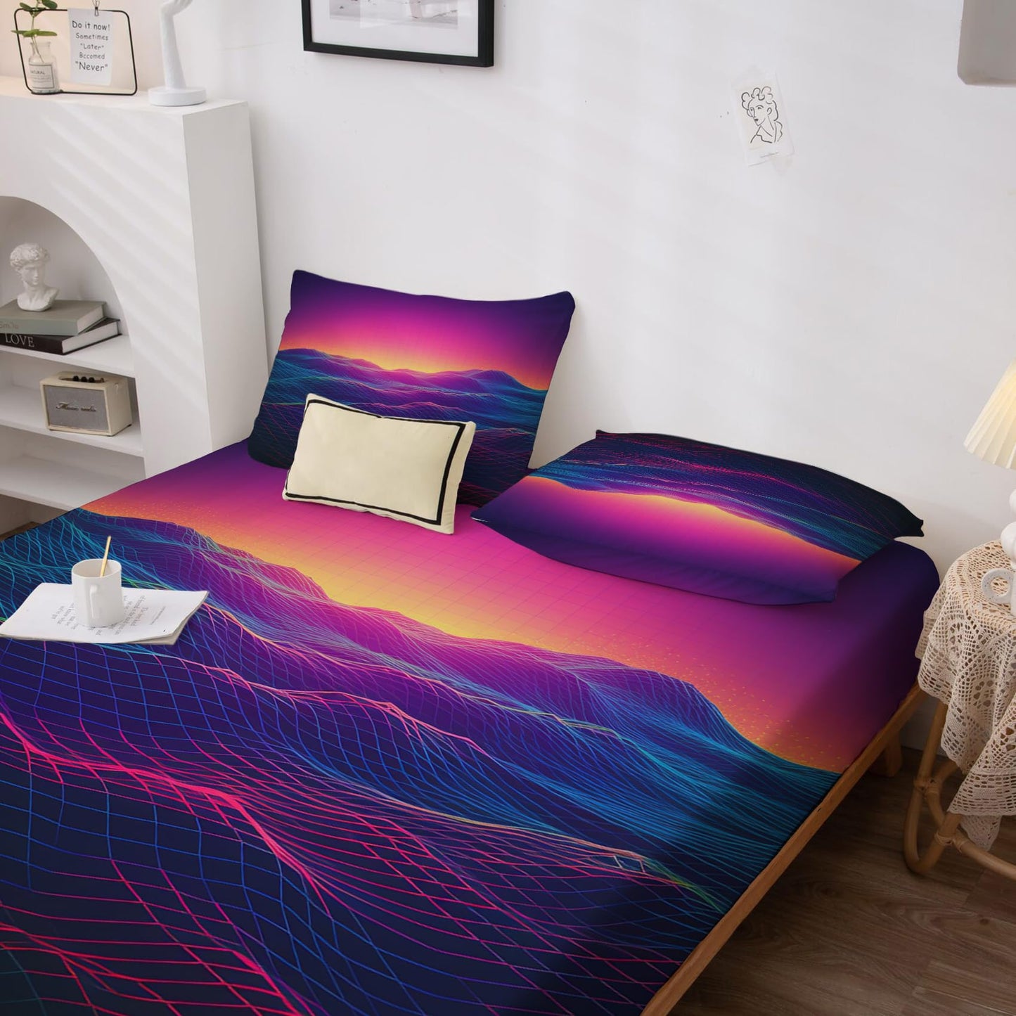THYUNQ Neon Wave Sheets Queen Size Bed, Vaporwave Pattern Sheet Set & Bedroom Decor - 16 Inch Deep Pocket, Super Soft Microfiber Bedding Sheets & Pillowcases 4 Piece
