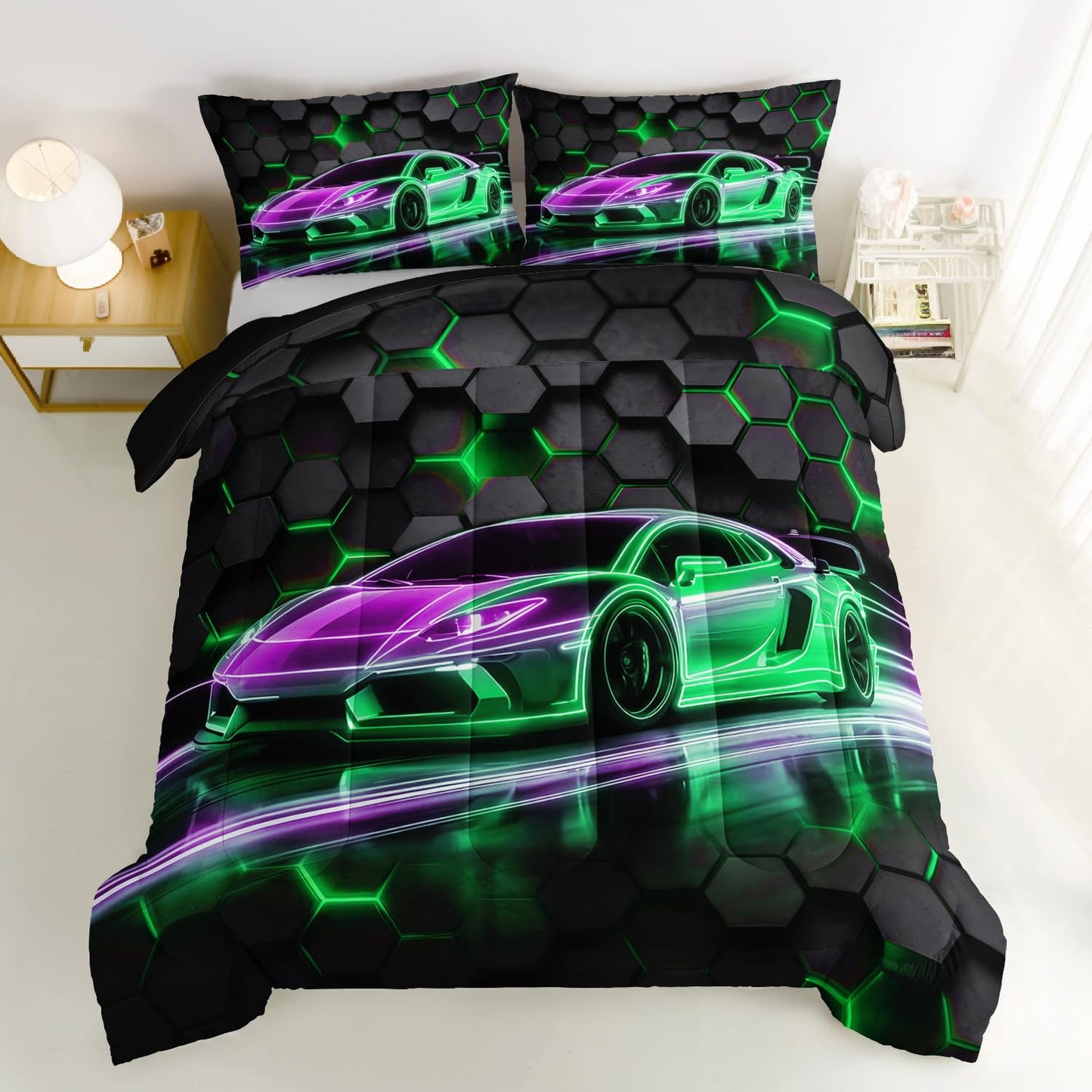 HOSIMA Kids Race Car Queen Bedding Sets,Hexagon Geometric Honeycomb Pattern Cool Extreme Sports Bedding for Boys Men Car Room Decor,Gaming Comforter with 2 Pillowcases.