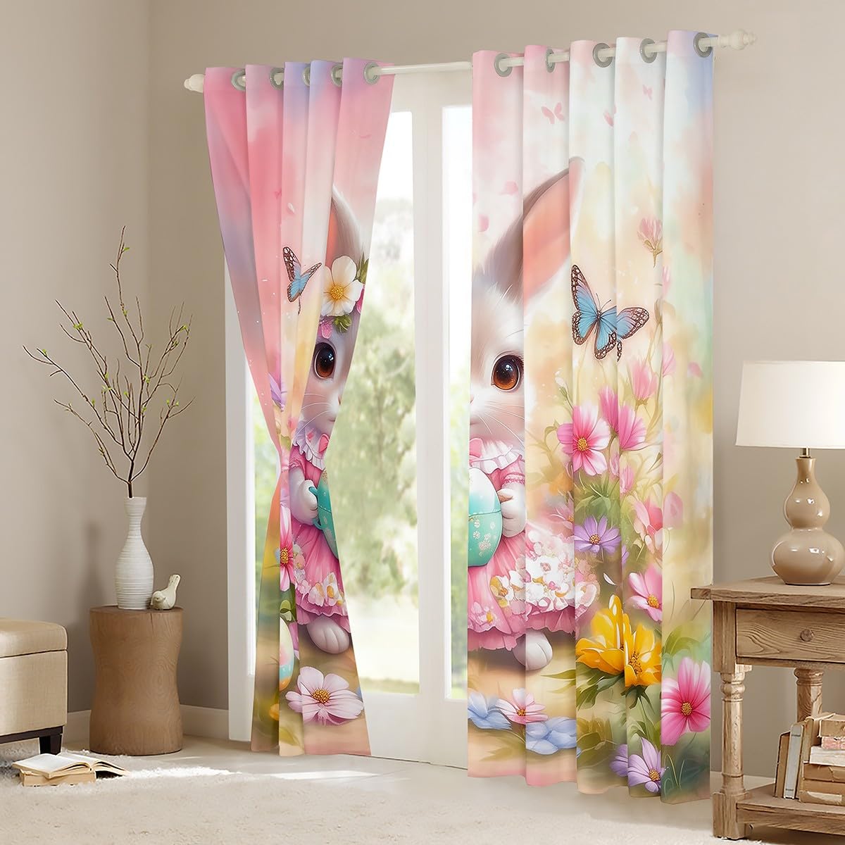 Feelyou Pink Cute Rabbit Curtains,Dreamy Princess Rabbit Window Curtains for Bedroom Living Room,Floral Bunny Rabbit Window Drapes,Happy Easter Blackout Curtains, 42W X 84L,2 Panels