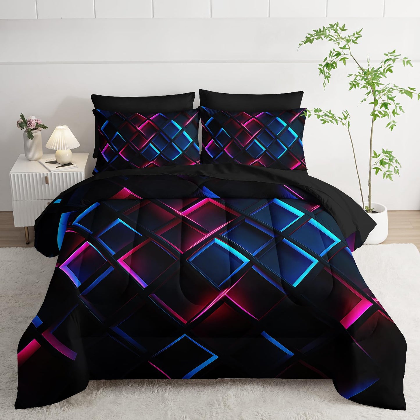 Nttopship Blue Black Geometric Comforter Set Twin Size 3D Stereoscopic Square Bedding Set Honeycomb Bedding Set 7 Pieces Modern Style Geometry Decor with Pillowcases,Flat, Fitted Sheet