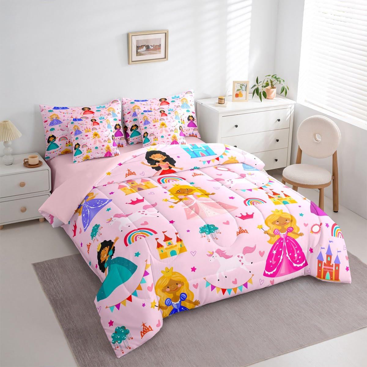 jejeloiu Cute Princess 7 Piece Bedding Set Queen Size Girly Loves Bed in a Bag for Boys Girls Bedroom Decor Pink Clound Rainbow Comforter Set with Sheets,Pillowcases & Cushion Cover Castle Soft