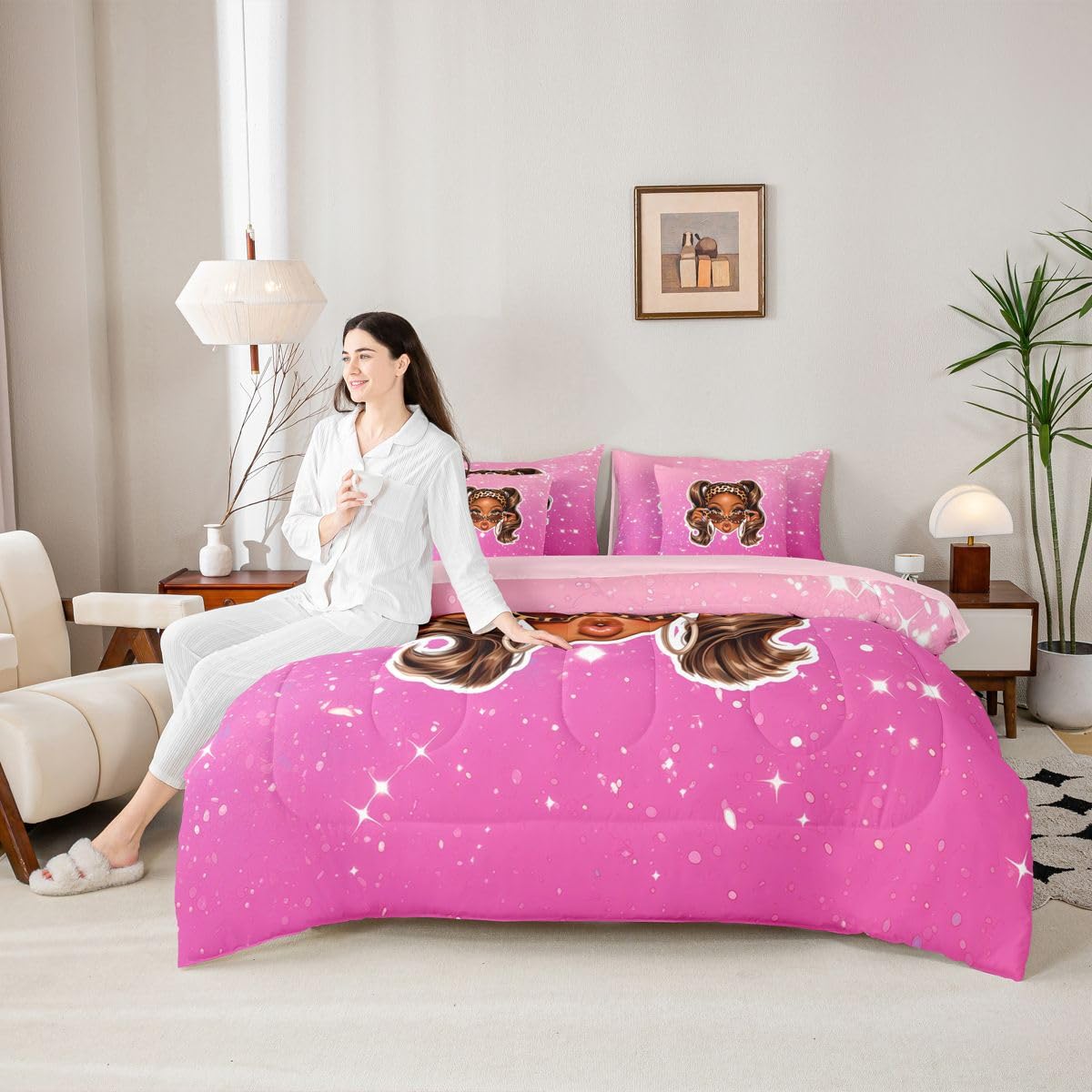 Erosebridal Cute Black Girl Twin Size Bedding Set Cool Y2K Girl 7 Pieces Comforter Set with Sheets for Teens Women Fashion Leopard Print Bed in a Bag Girly Sparkling Decor Bed Sets
