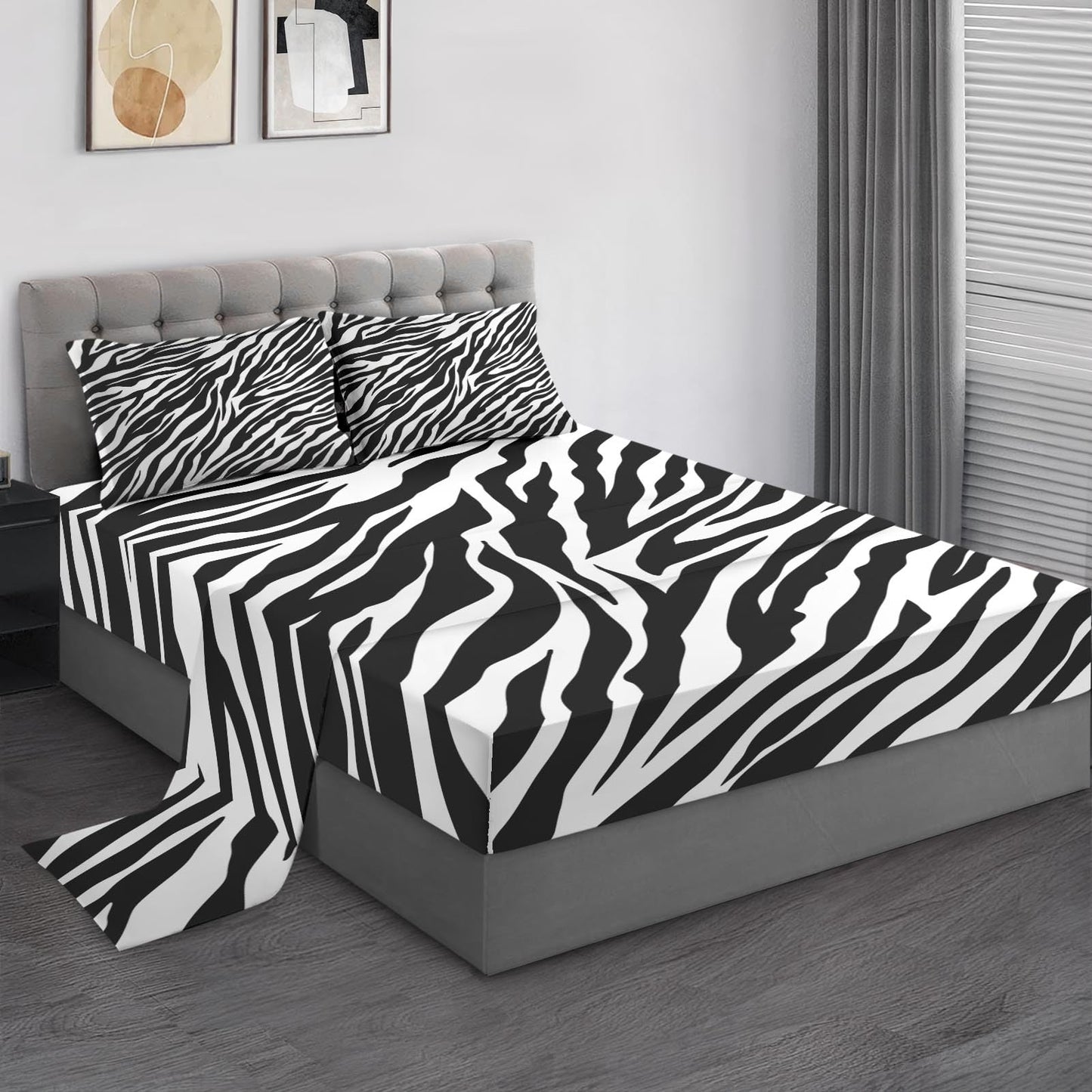 Pamnest Twin Size Bed Sheet Sets, Zebra Stripe Animal Soft Microfiber 3 Pcs Bedding Sets for Kids and Adults Bedroom Bed Decor, Black White Flat, Fitted Sheet and Pillowcases