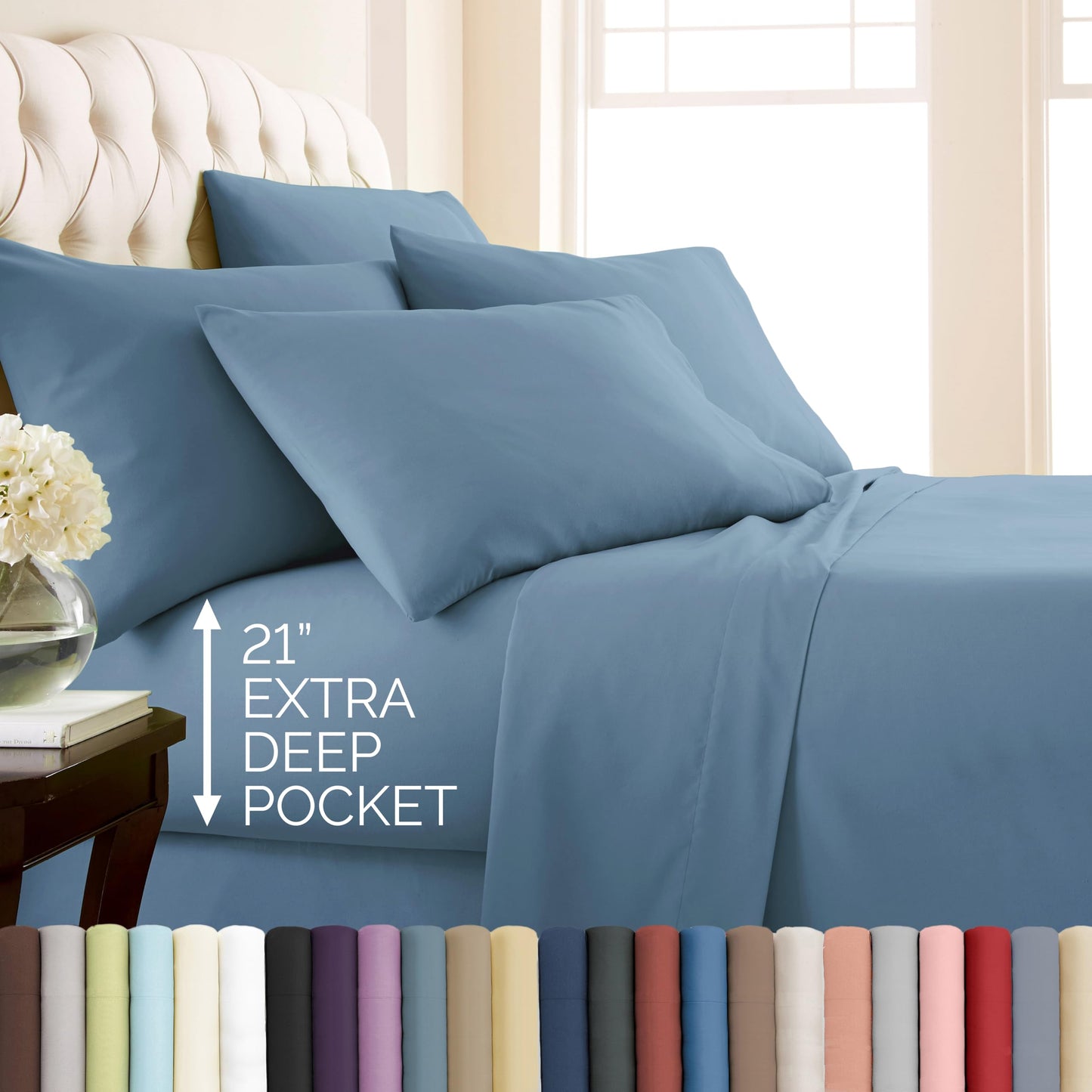 Southshore Fine Living, Inc. 6 Piece, 21 Inch King Size Sheets Set Deep Pockets - Wrinkle Resistant Bedding, Extra Deep Pocket King Sheet Set 78"x80" Hotel Style Breathable Microfiber - Coronet Blue