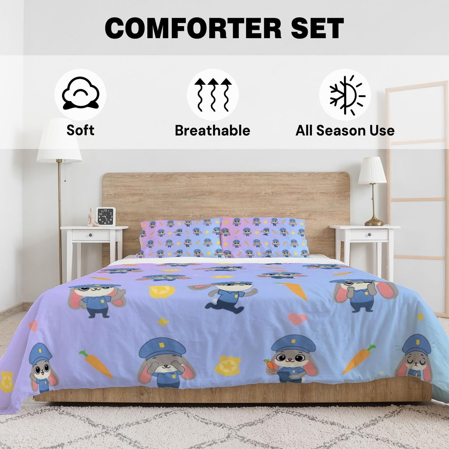 Allenjoy Cute Rabbit Carrot Police Animal World Comforter Set with 1 Pillowcase for Kids Boys Girls Teens Fans Bedroom Nursery Bedding Room Decor, Machine Washable, Twin Size