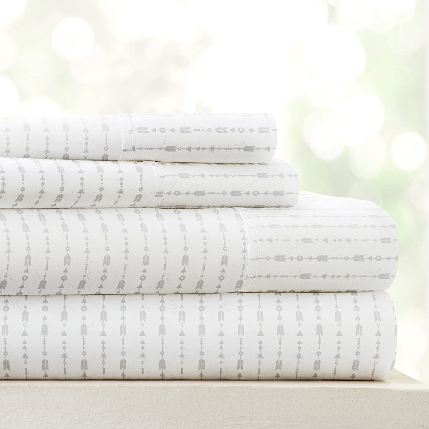 Linen Market Patterned Microfiber Queen Sheet Set 4 Piece – Oeko-TEX Certified Ultra Soft & Wrinkle-Free - 16" Deep Pocket Sheets - Easy Care Queen Size - Beaded Arrows Light Gray
