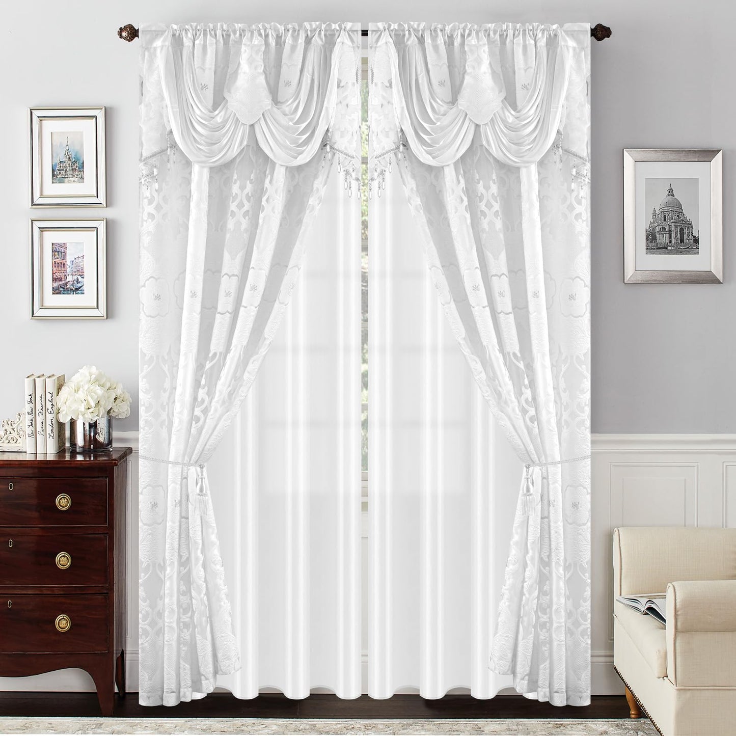 Petrichor White Sheer Jacquard Voile Curtains （54" W x 84" L）, 2 Panels with Attached Valance, Double Layer Floral Cutwork Design with Luxurious Texture, Rod Pocket, for Bedroom & Living Room