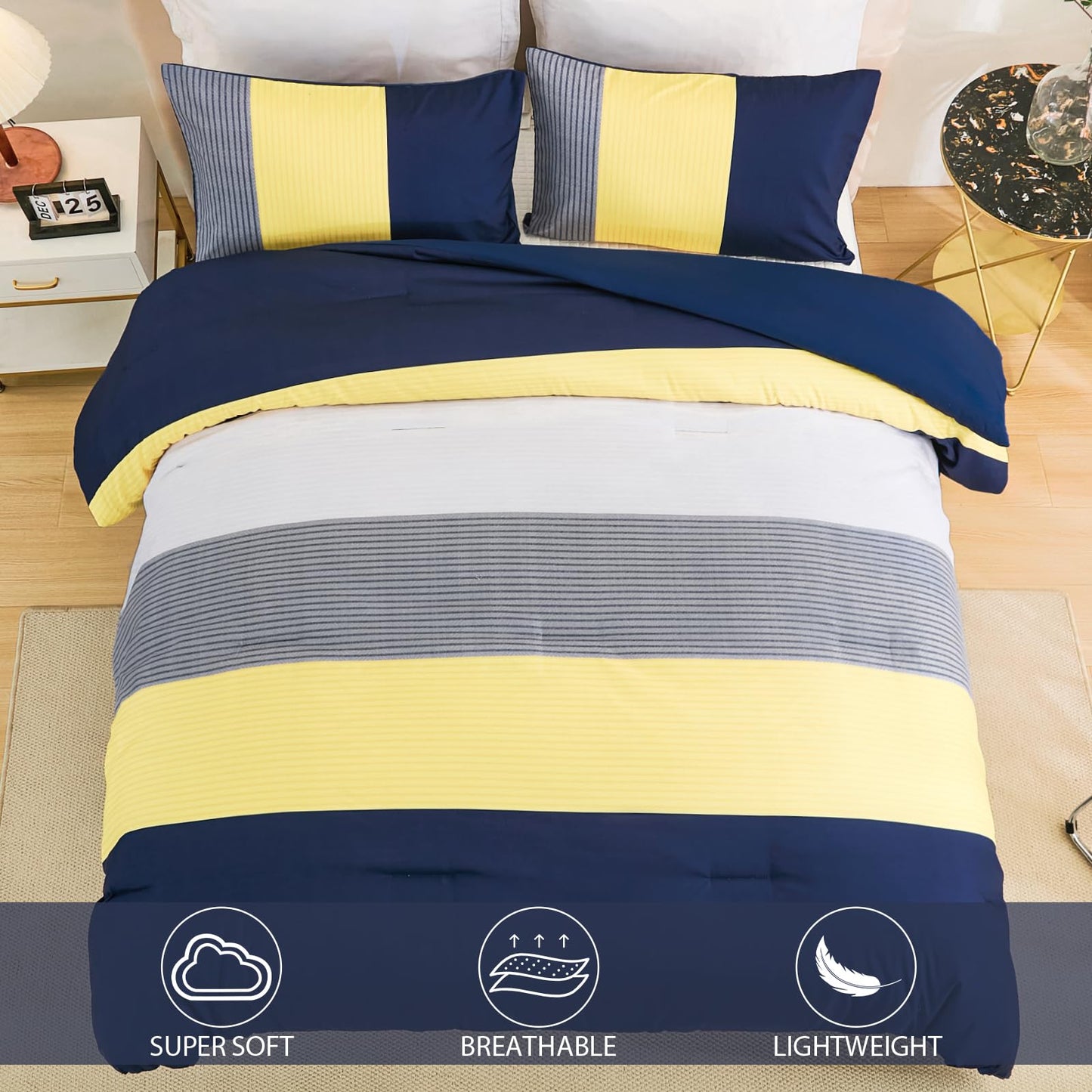 WONGS BEDDING Comforter Set Queen, Reversible Blue Striped Patchwork Down Alternative Comforter for Queen Bed,3 Pieces (1 Comforter+2 Pillowcases), Soft Microfiber Bedding Duvet Insert Set 90"×90"
