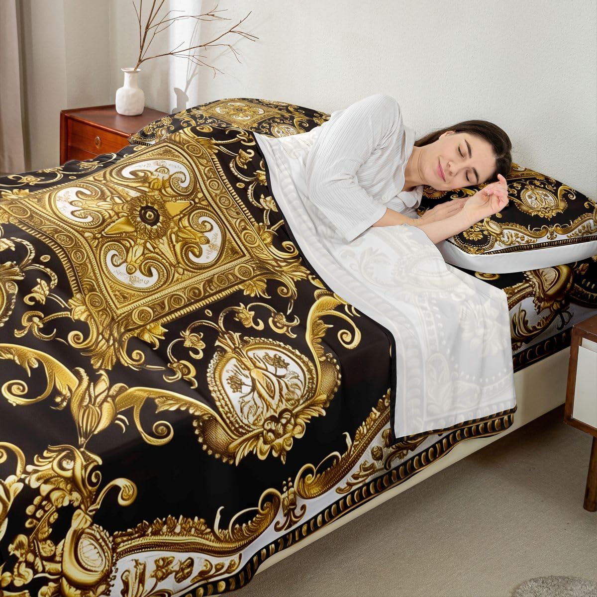 Erosebridal Golden Yellow Bed Sheets Set Full Geometric Flowers Sheet Set Bohemian Exotic Sheets European Floral Print Flat Fitted Sheet