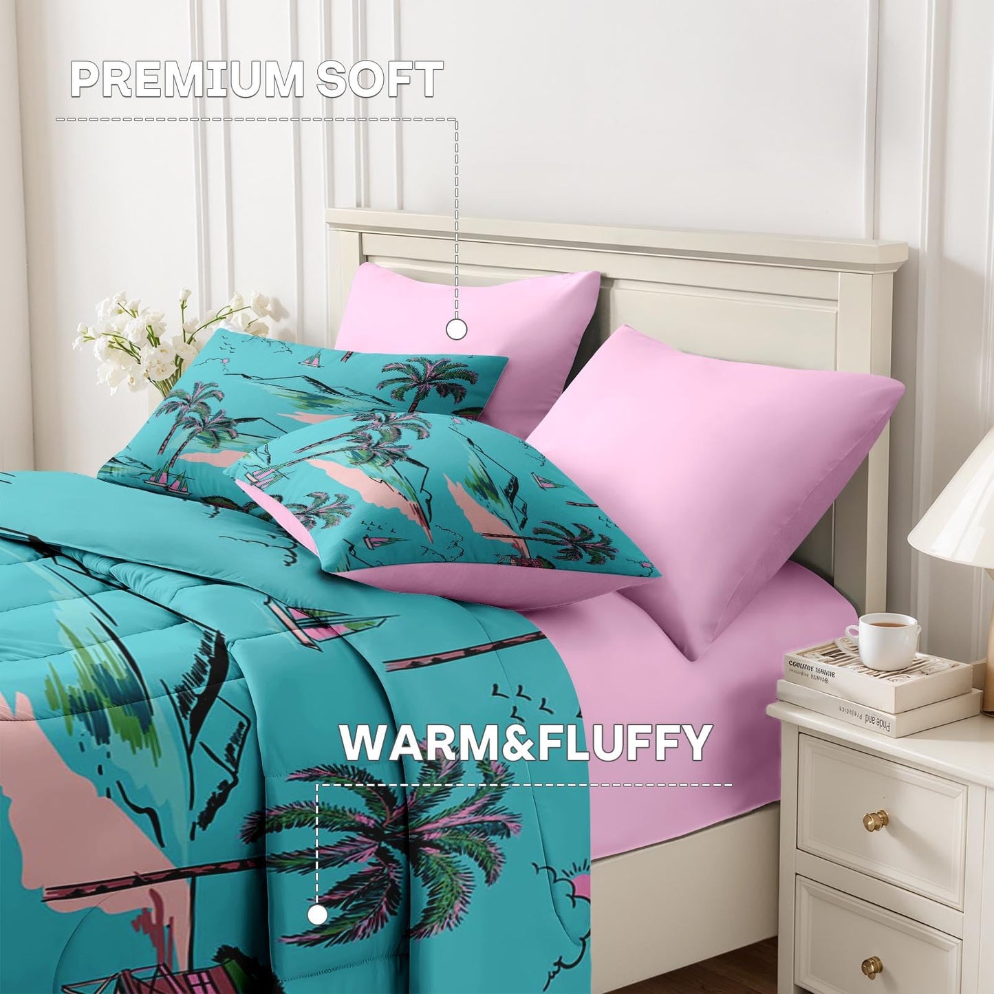 Nesker 7 Pcs Comforter Set Queen Size, Hawaiian Sweet Palm Leaf Bedding Set for Kids and Adults, Beach Ocean Blue-Green Sheets Bed Sheet Sets with Fitted Sheet 2 Pillowcases & 2 Shams