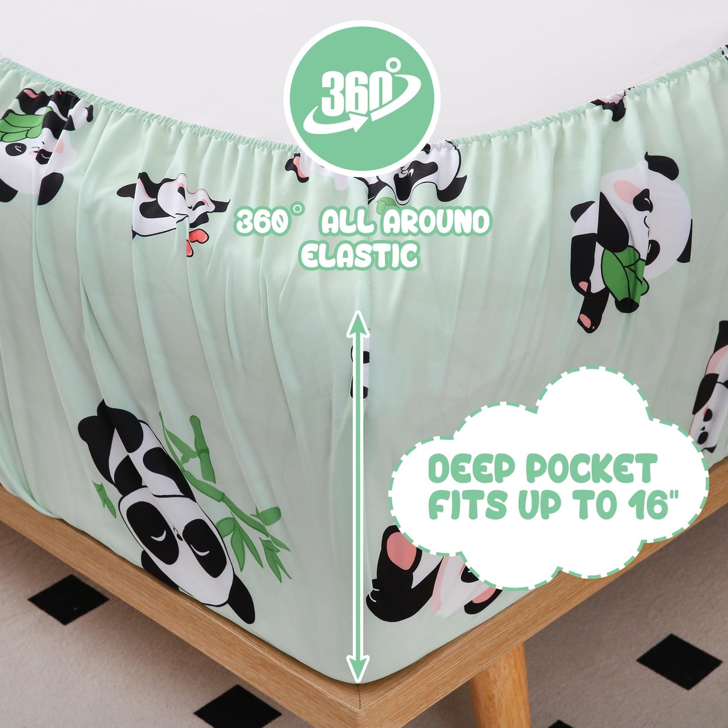 Yibeizi Twin Sheets Set Kids, Sage Green Panda Pattern Microfiber Single Bed Sheets, Cute Soft Oeko-Tex Extra Deep Pocket Sheets & Pillowcases Cooling Hypoallergenic Wrinkle Free Bedsheets