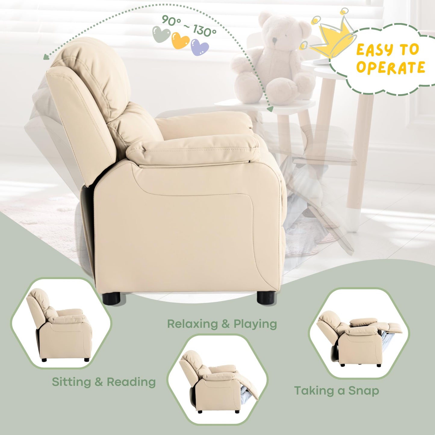 Kids Recliner Chair Storage Arms Reclining Toddler Push Back Sofa Ages 2-8