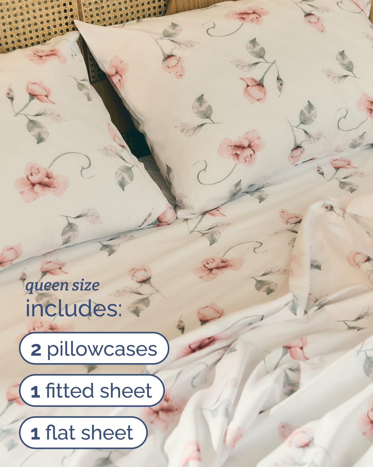 Floral Sheets - Floral Rose Bed Sheet Set - 1 Flat, 1 Fitted & 2 Pillowcases w/ Deep Pockets - Comfy, Wrinkle & Fade Free - Boho Botanical Bedding - Ultra-Soft, Breathable & Cooling - Queen Size Set