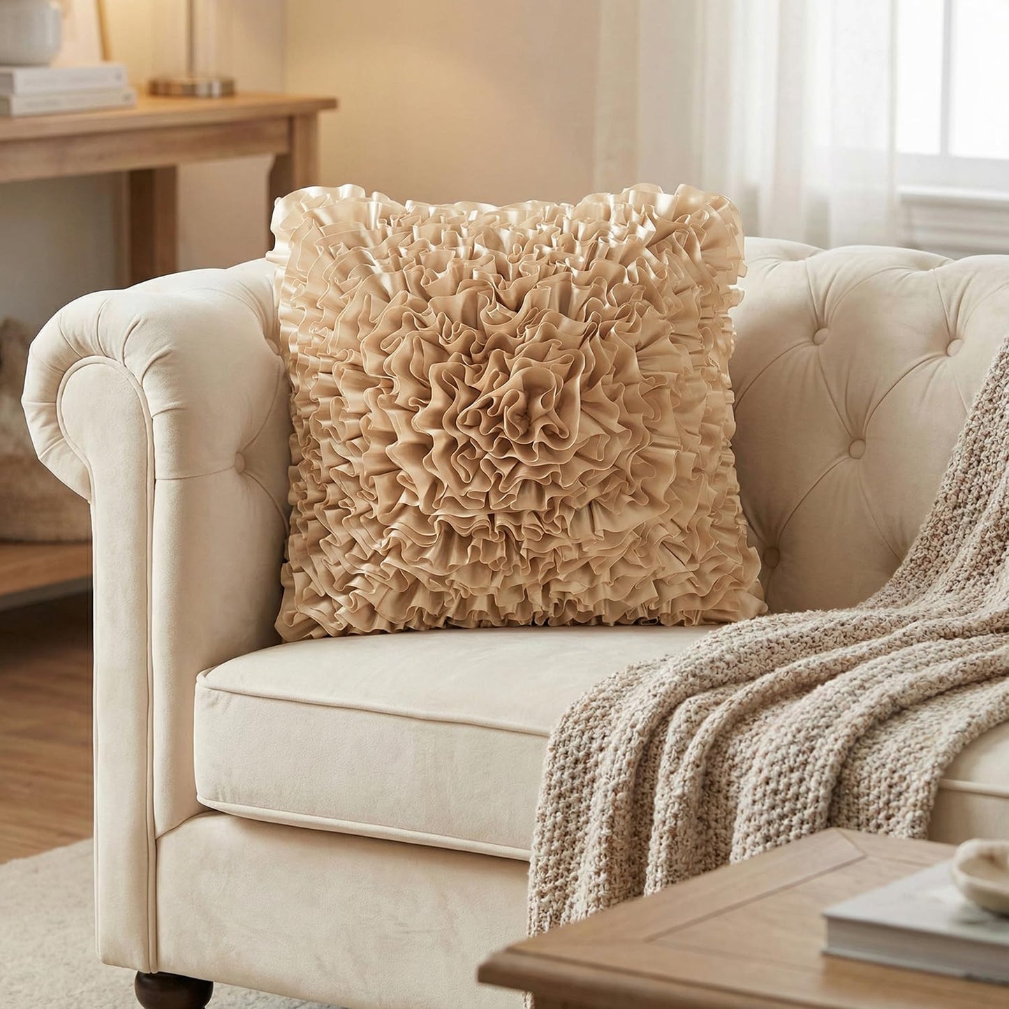 Bella's Giftshop Beige Taupe Ruffle Decorative Throw Pillow Covers 18x18 Inch for Bed Sofa Couch, Handmade 3D Faux Silk Accent Pillow case, Boho Living Room Decor