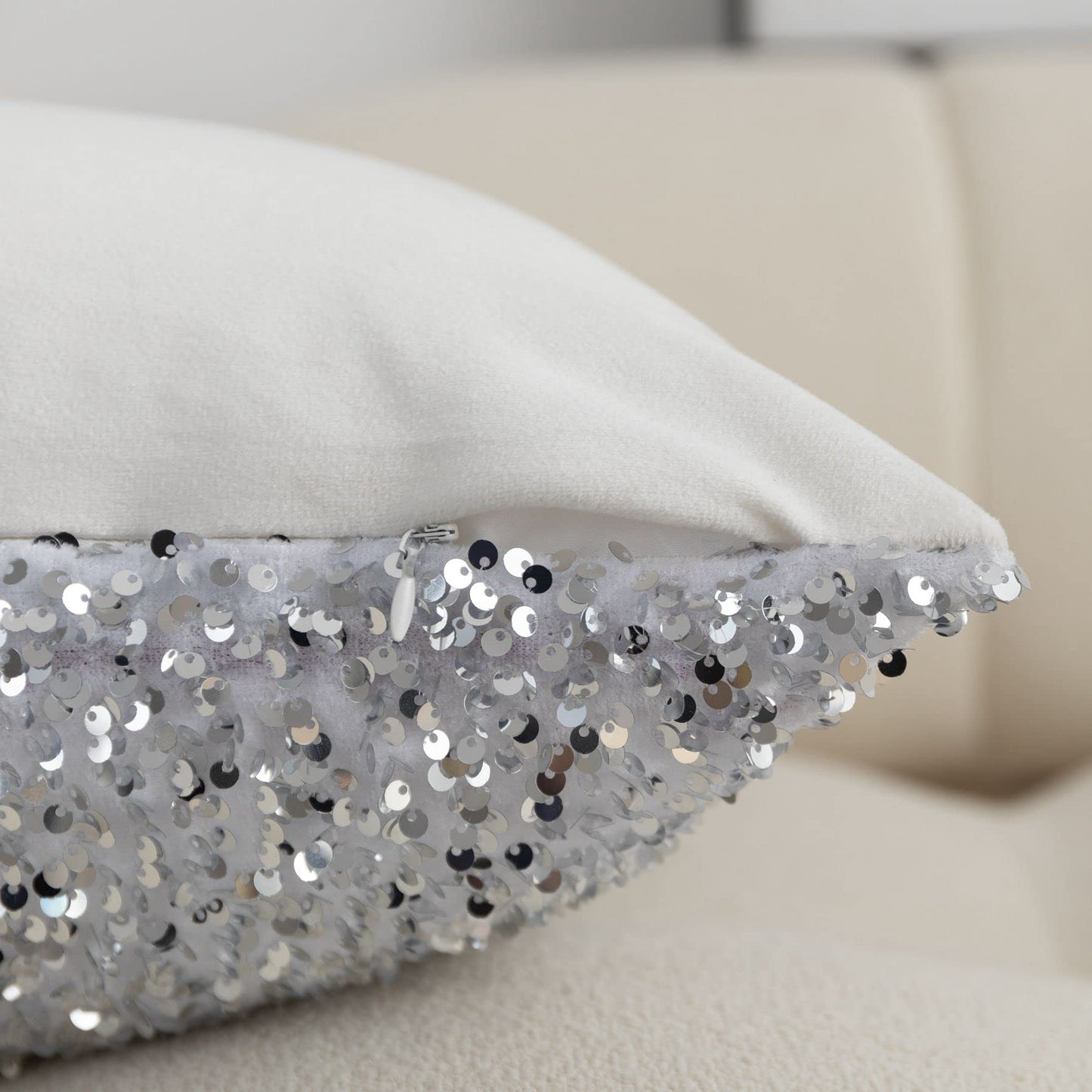 LIGICKY Set of 2 Silver White Glitzy Sequin Throw Pillow Covers Sparkling Decorative Gilter Metallic Square Cushion Cover Glam Pillow Cases for Sofa Couch Bedroom Home Party Decor (18 x 18 Inches)