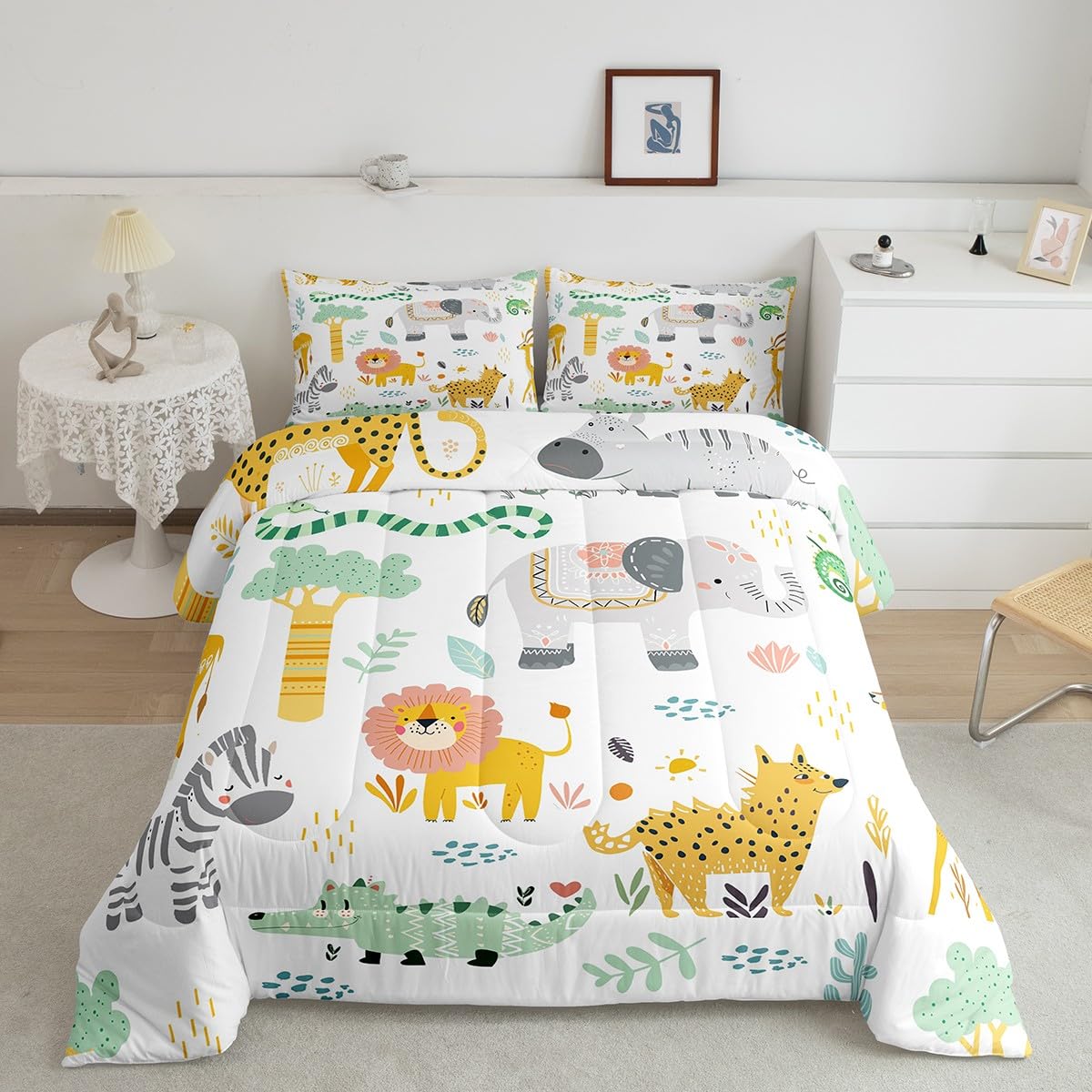 Feelyou Cartoon Animals Bedding Set Zoo Animal Comforter Set Wildlife Comforter for Women Men Room Decor Cute Lion Zebra Elephant Duvet Set King Size with 2 Pillow Case