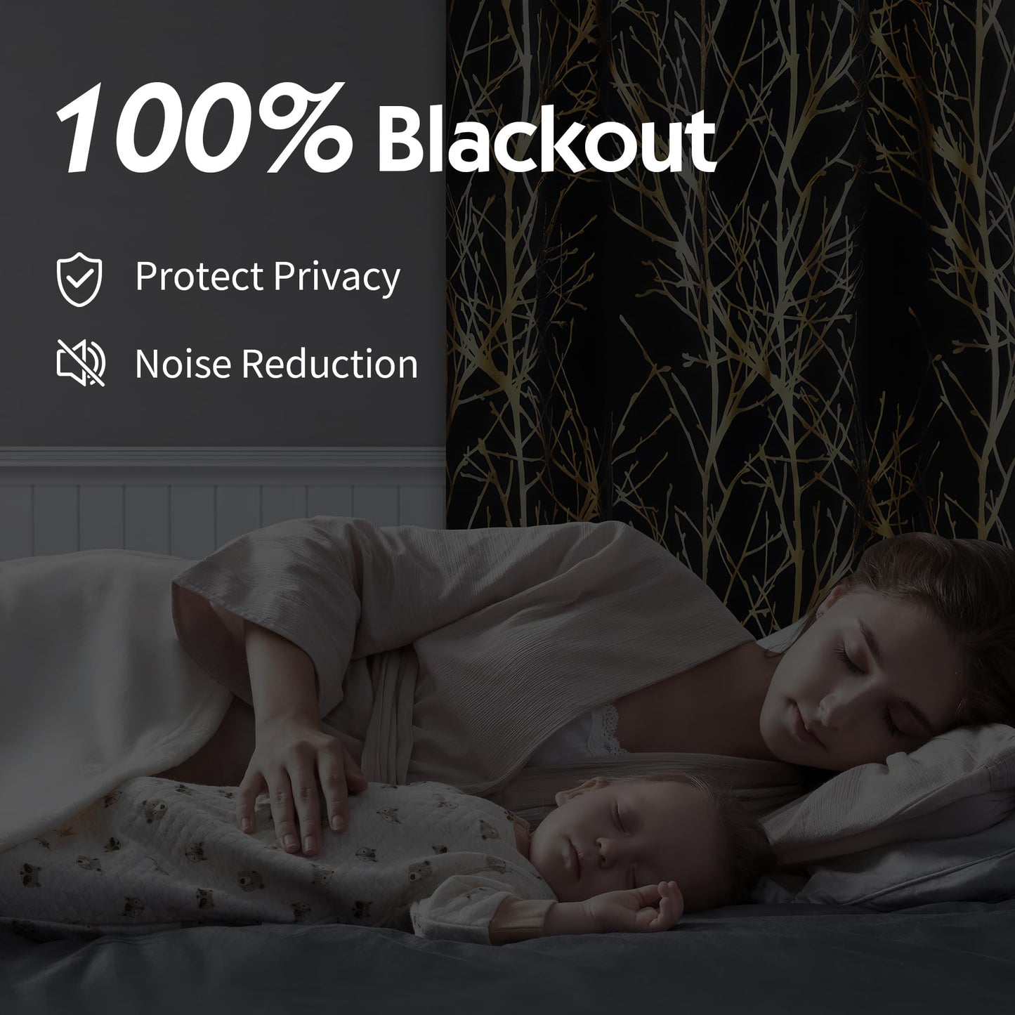 FMFUNCTEX 100% Blackout Curtains for Bedroom, Gold Foil on Black Curtains 84 Inches Long Curtains for Living Room, Metallic Tree Branch Print Drapes, Thermal Insulated Curtain Grommet Top 2 Panels