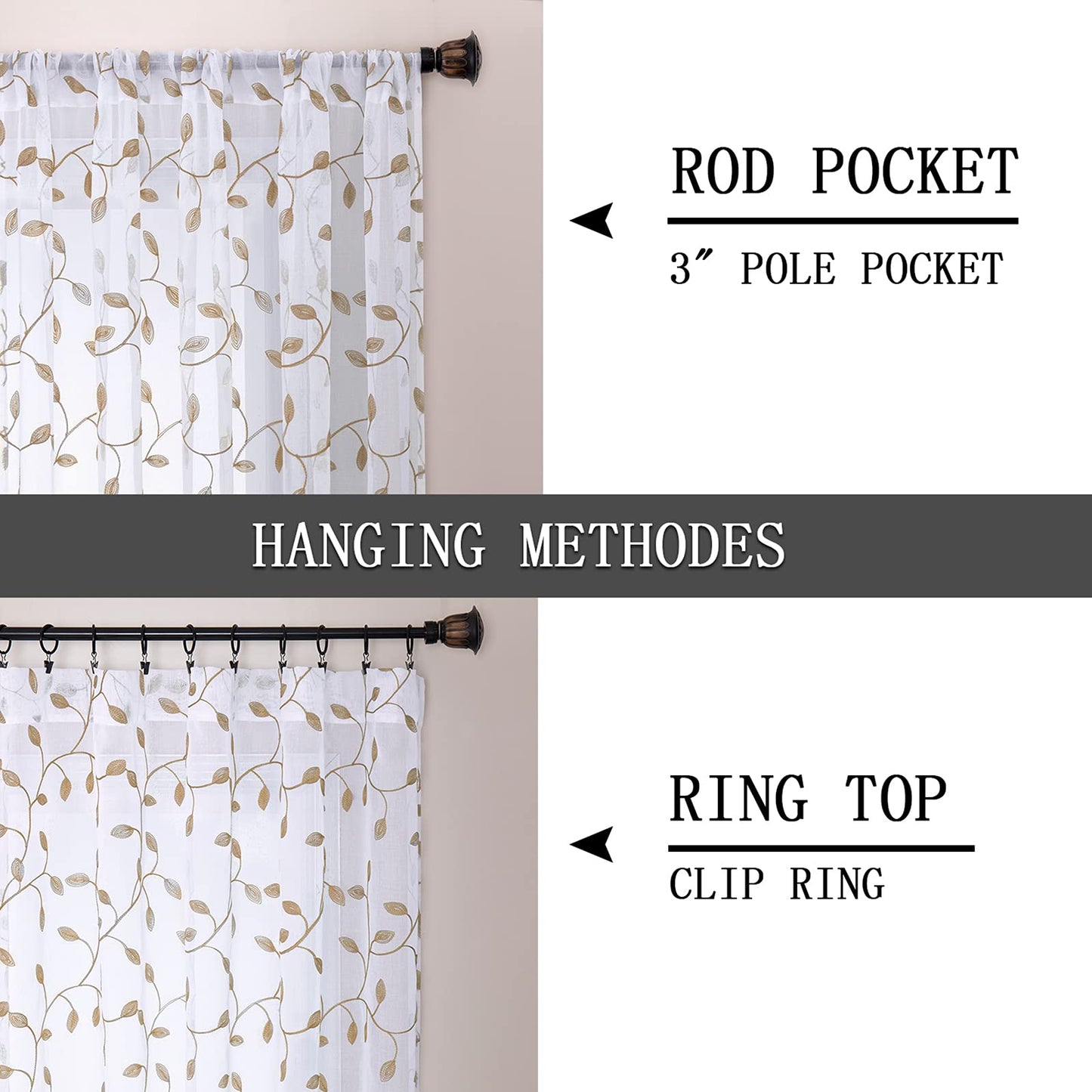 Tollpiz Leaves Sheer Curtains Taupe Leaf Embroidery Bedroom Curtain Rod Pocket Voile Faux Linen Embroidered Leaves Curtains for Living Room, 54 x 63 inches Long, Set of 2 Panels