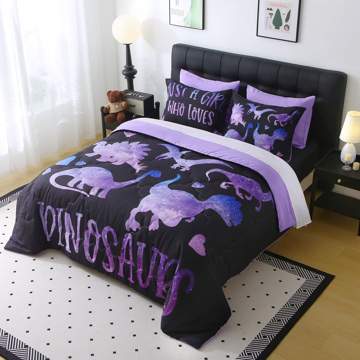 Jameswish 7 Piece Girls Dinosaur Comforter Set Full Size Violet Dinonsaur Soft Microfiber Bed in A Bag with Comforter,Sheet Set,Pillowcase and Sham for Child Teens All Season