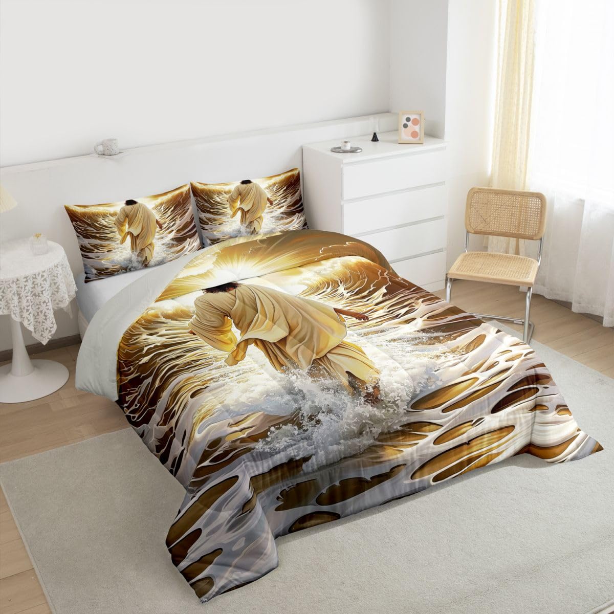 Manfei God Walking on Water Girls Bedding Set Twin Size,Bible Verse Western Faith Comforter Set,Golden Ocean Divine Light Quilt Comforter Girls Boys Teens,Golden Room Decor All Season,1 Pillowcase