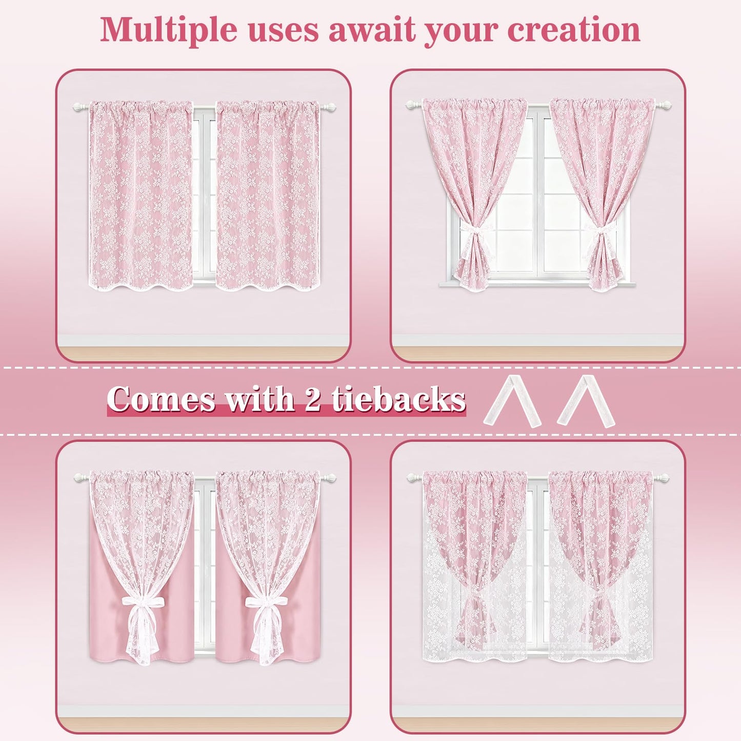 Yinhua Pink Kitchen Curtains 36 Inch Length Double Layer Blackout Cafe Curtains with Floral Sheer Overlay Rod Pocket Short Curtain for Windows, Small Window Curtain for Bathroom, Living Room, 2 Panels