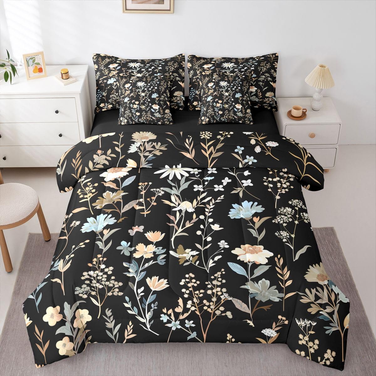 Erosebridal Florals 7 Piece Bedding Set Twin Daisy Comforter Set with Sheets Spring Rustic Farmhouse Retro Flower for Kids Boys Girls Simple Kawaii Floral Retro Bed in a Bag