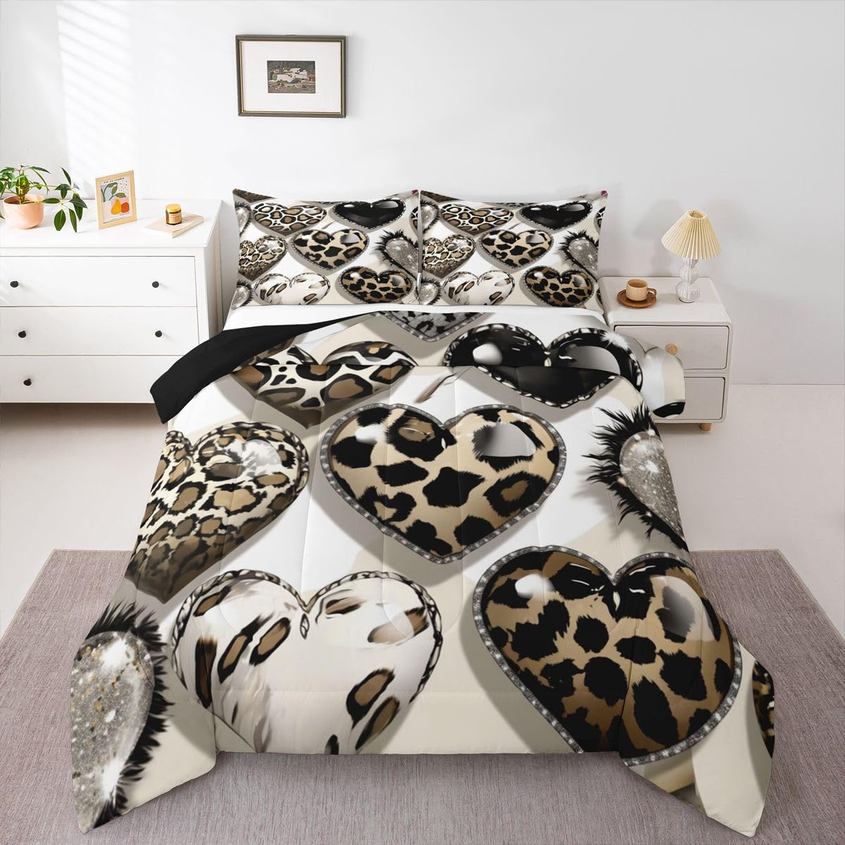 Erosebridal Abstract Geometric Kids Comforter Sets Leopard Love Heart Pattern King Bedding Set for Boys Girls Animal Cheetah Print Comforter Set,Fashion Glamorous Quilt Duvet 3 Pcs