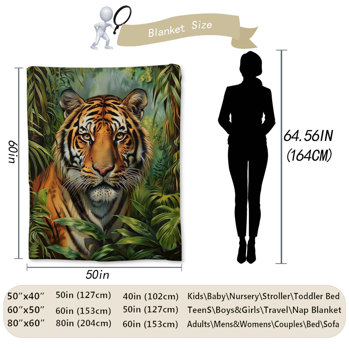 Ti Caldi Majestic Tiger in Lush Jungle Blanket, Soft Flannel Throw Blanket for Couch, Bed, Travel, Living Room & Home Decor, Lightweight Cozy Warm Fuzzy Blankets for Adults Women Men Kids 60×50 in