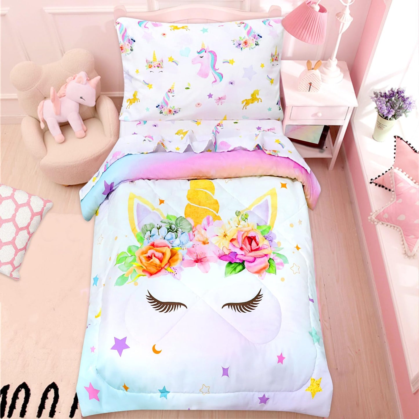 Toddler Bedding Sets for Girls, Unicorn Toddler Crib Bedding Set 4 Piece Pink Floral Toddler Comforter Set Includes Flat Top Sheet, Fitted Sheet, Comforter, Envelope Pillowcase, Soft & Comfort