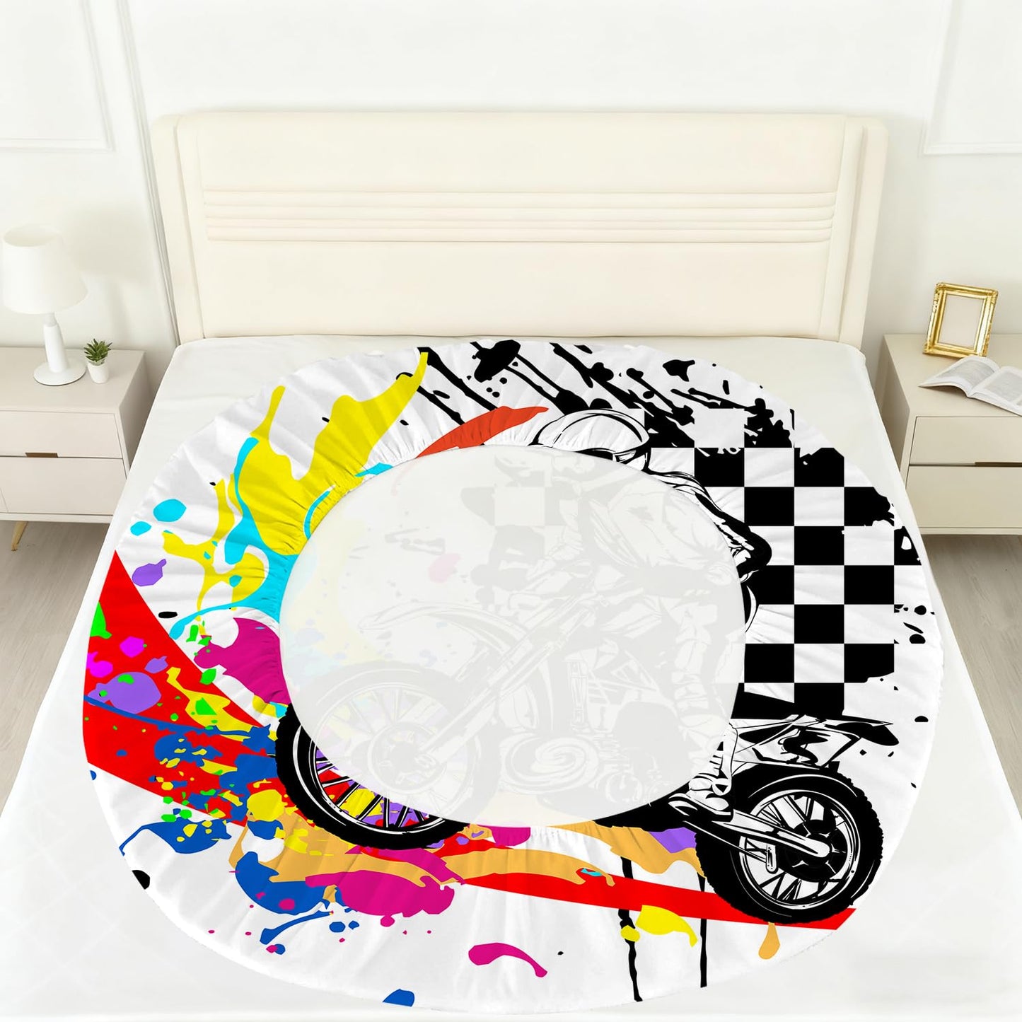 VTKON Motocross Fitted Sheet Set Twin Size Dirt Bike Bed Set for Boys Teens Graffiti Style Motorcycle Rider Sheets Black White Checkered Bed Cover with 1 Flat Sheet, 1 Fitted Sheet + 1 Pillowcase
