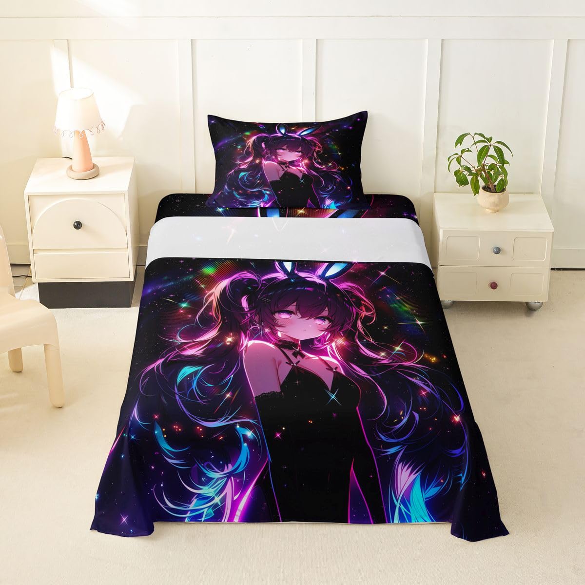 Erosebridal Cute Bunny Girls Sheets Twin Japanese Anime Girl Bed Sheets Set Cartoon 3D Sheet Set for Boys Girls Magical Neon Stars Bed Sets 3Pcs