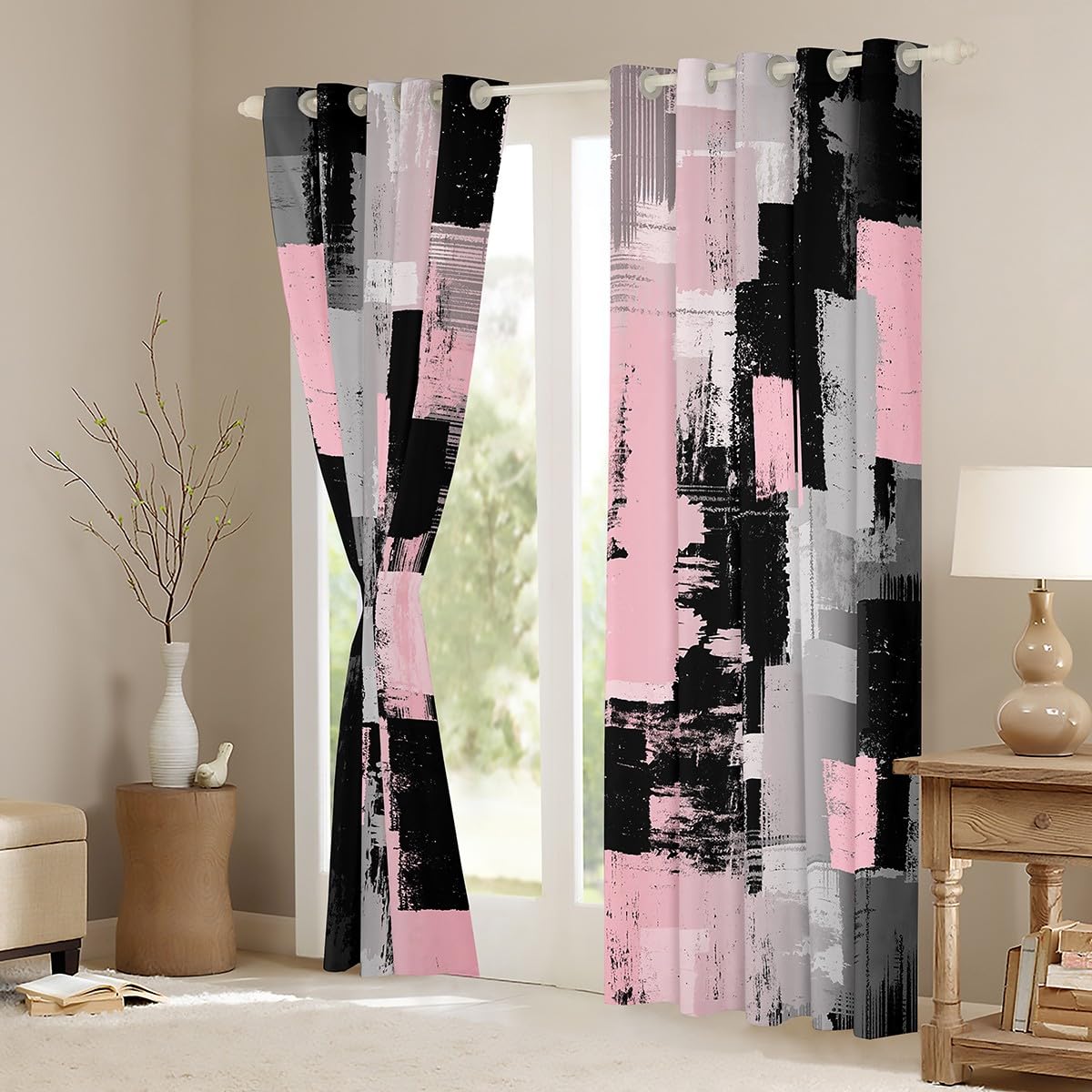 jejeloiu Kids Abstract Curtains for Bedroom Living Room (2 Panels, 42 x 84 Inch) Vintage Messy Rust Darkening Drapes Modern Art Blackout Curtains Teal Pink and Black Window Treatments